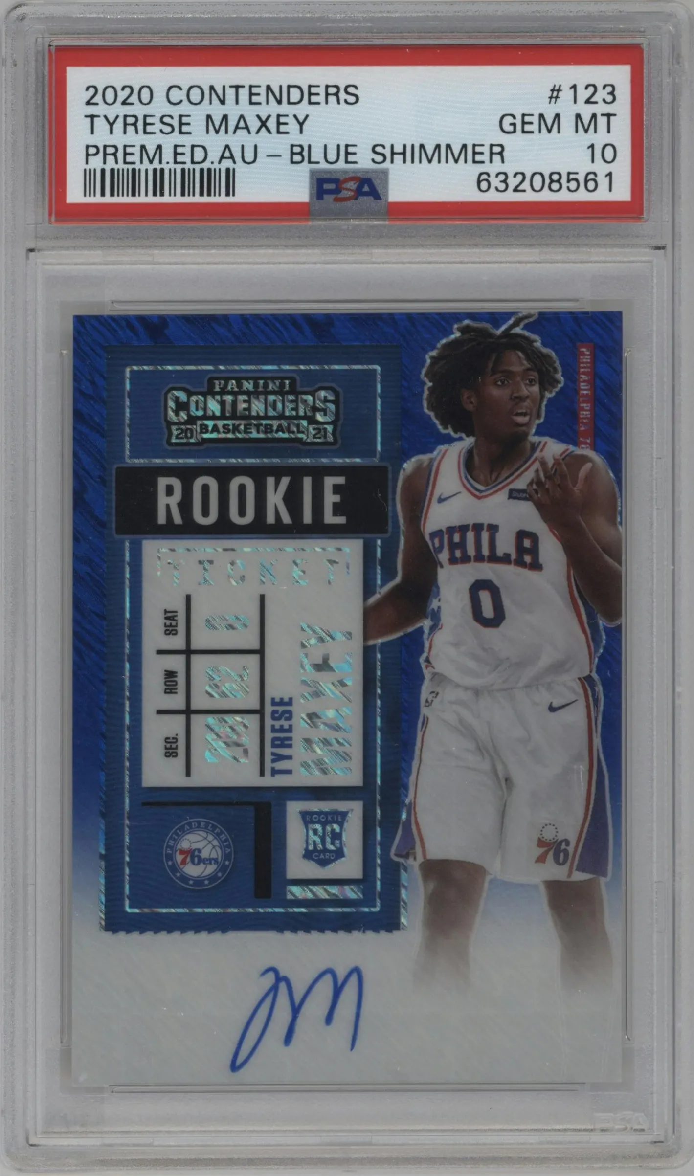 2020 Panini Contenders Rke.Tkt.Pre.Ed.Au. Tyrese Maxey Ticket Blue Shimmer FOTL #123 PSA 10