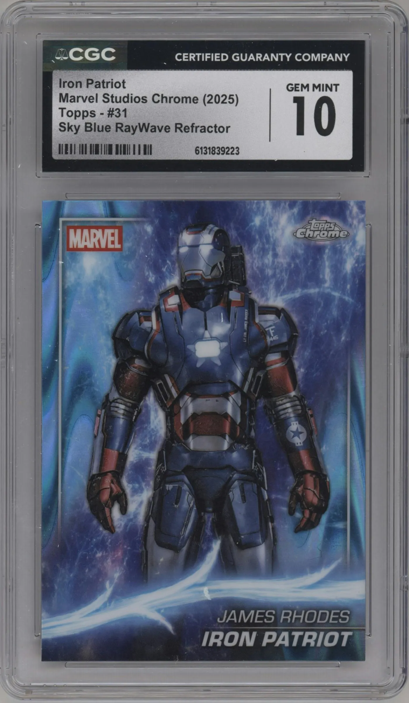 2025 Topps Chrome Marvel Studios Iron Patriot Sky Blue RayWave Refractor #31 CGC 10