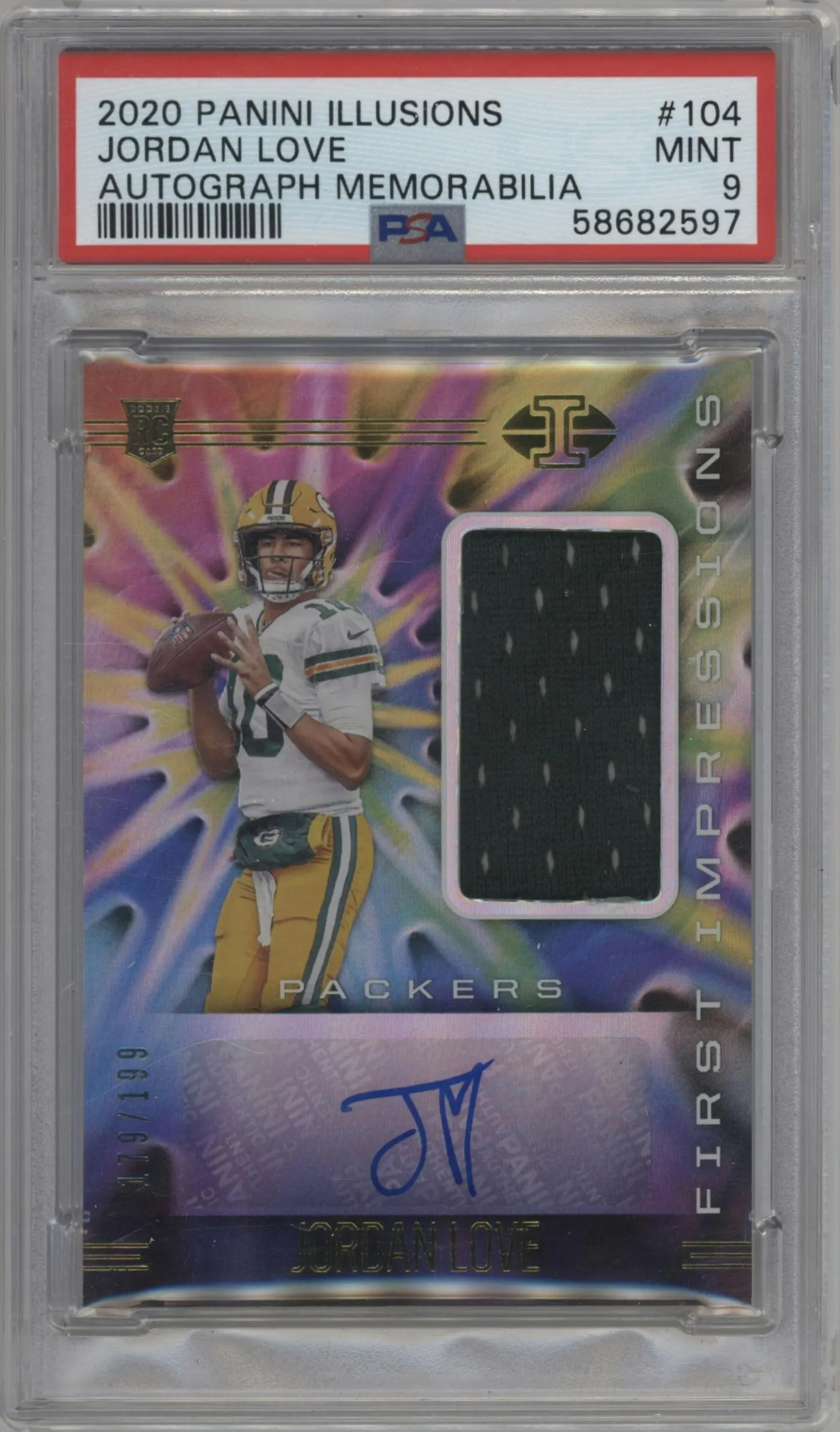 2020 Panini Illusions First Imp. Auto Mem. Jordan Love #104 PSA 9