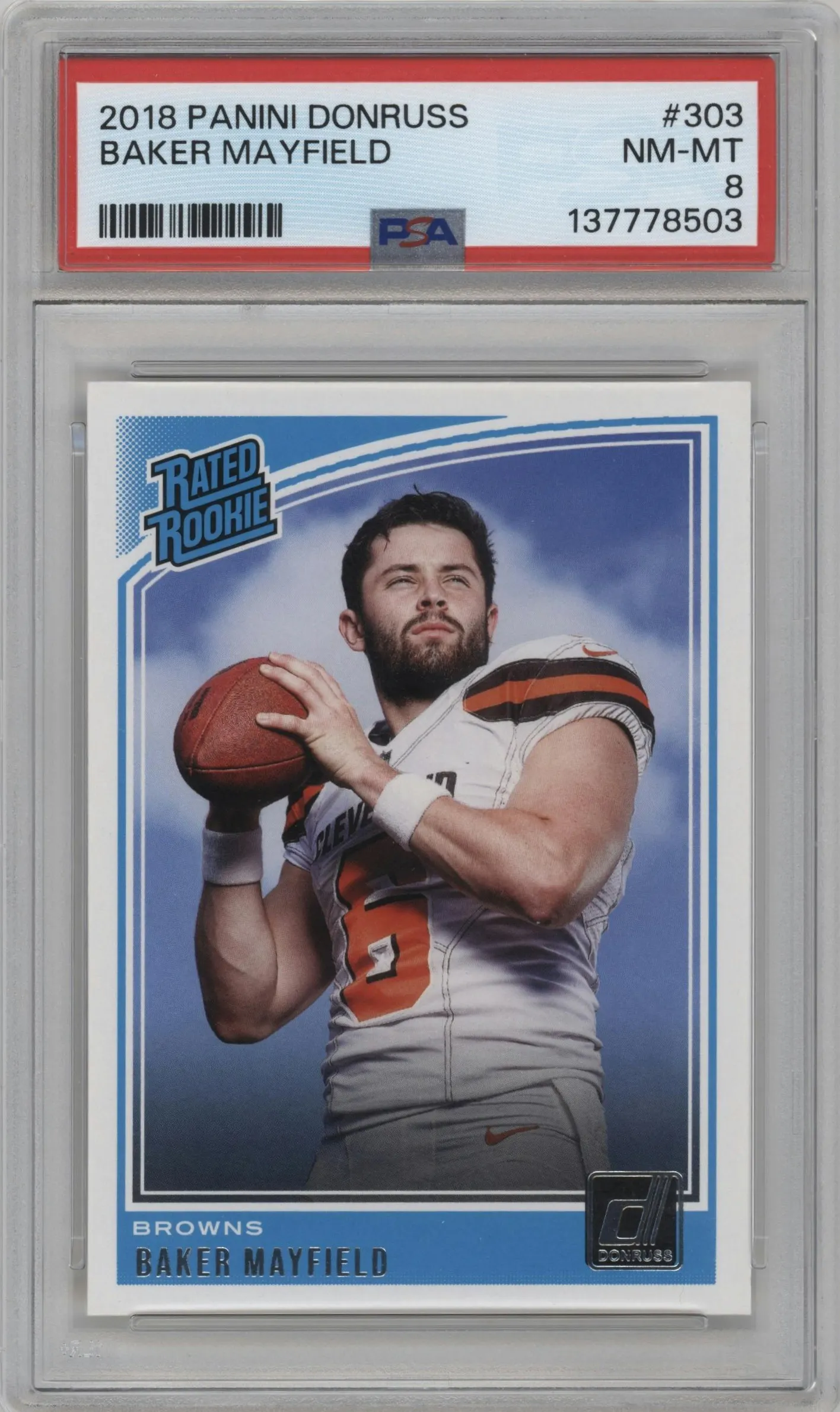 2018 Panini Donruss Rated Rookie Baker Mayfield #303 PSA 8