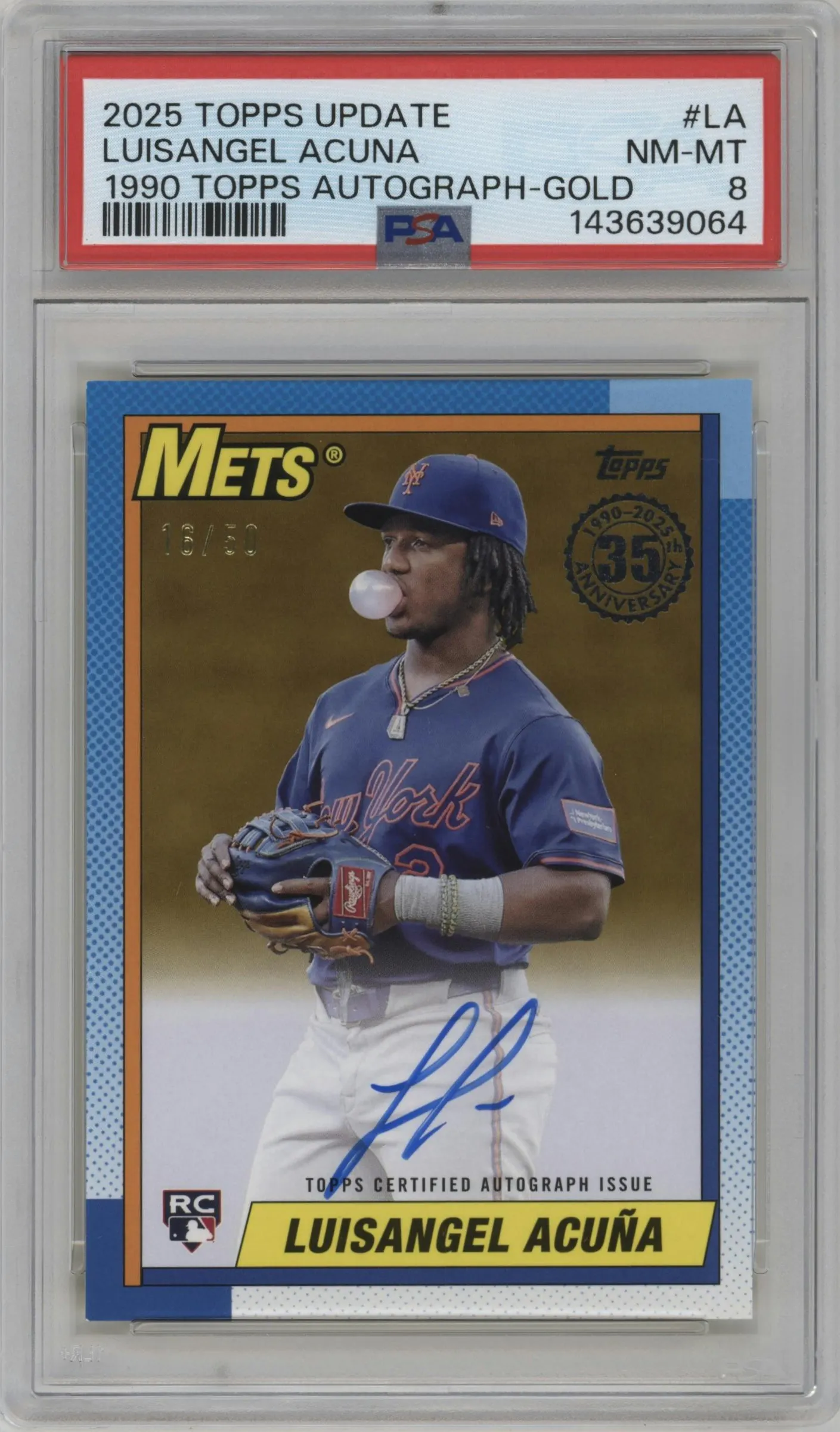 2025 Topps Update '90 35th Anniv.Auto Luisangel Acuna Gold #90AU-LA PSA 8