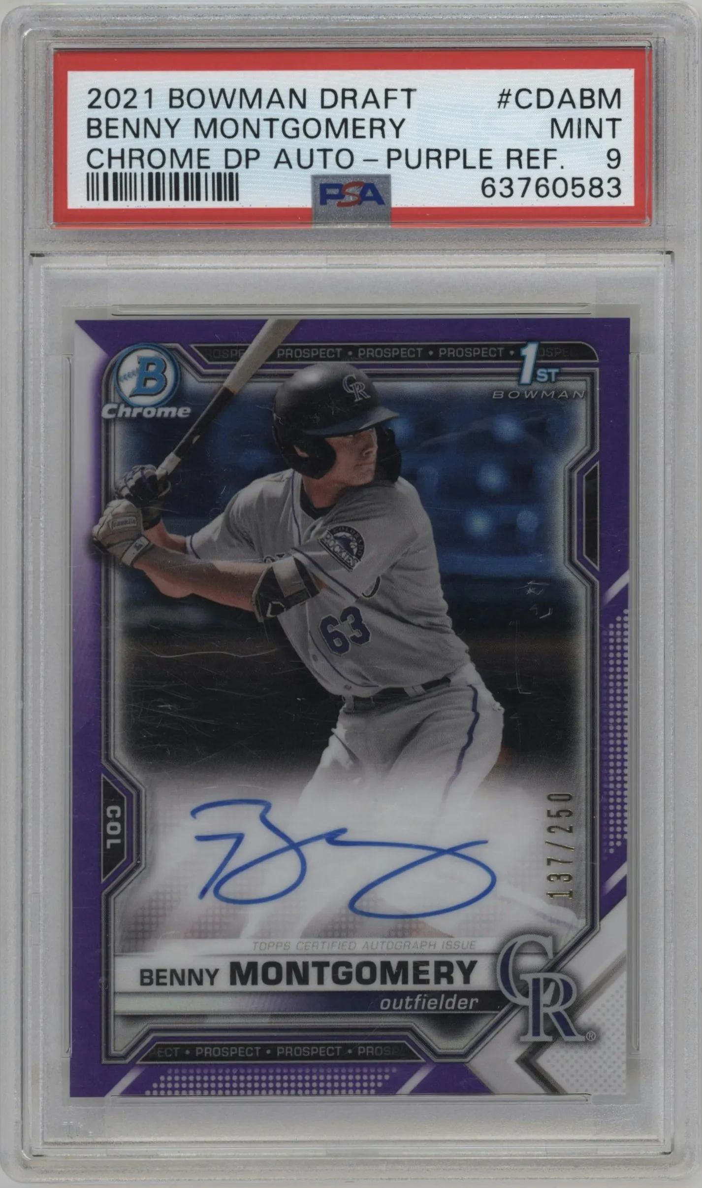 2021 Bowman Draft Chr.DP Auto Benny Montgomery Purple Refractor #CDA-BM PSA 9