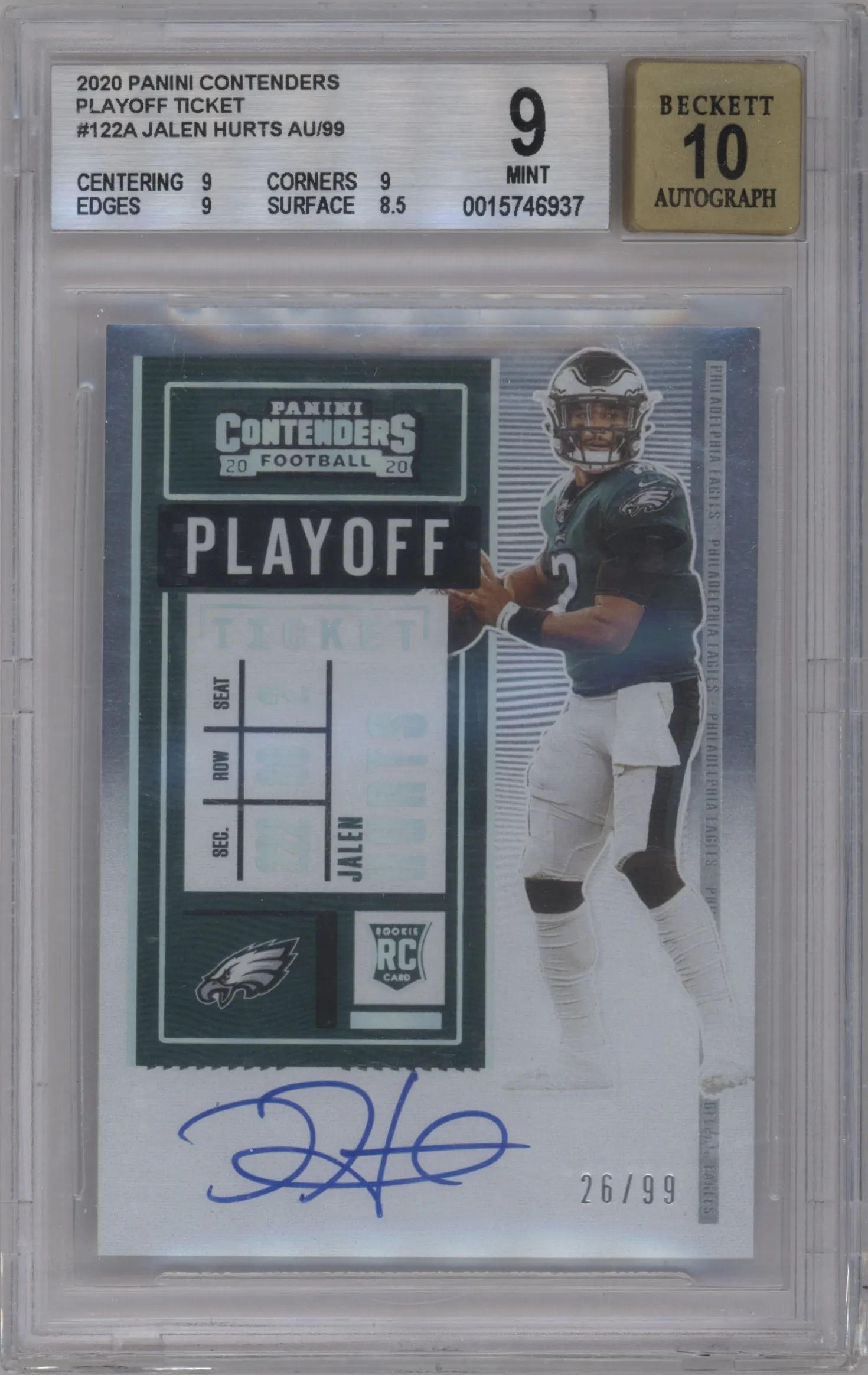 2020 Panini Contenders Rke.Tkt.RPS Jalen Hurts Ticket Playoff #122 BGS 9