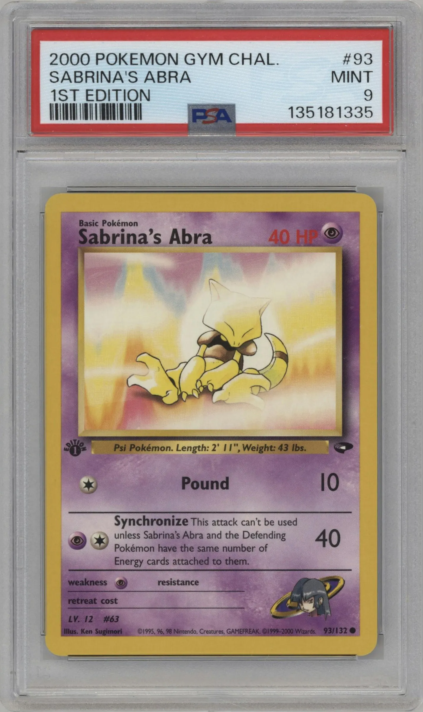 2000 Pokemon GH Gym Challenge Sabrina's Abra #93 PSA 9