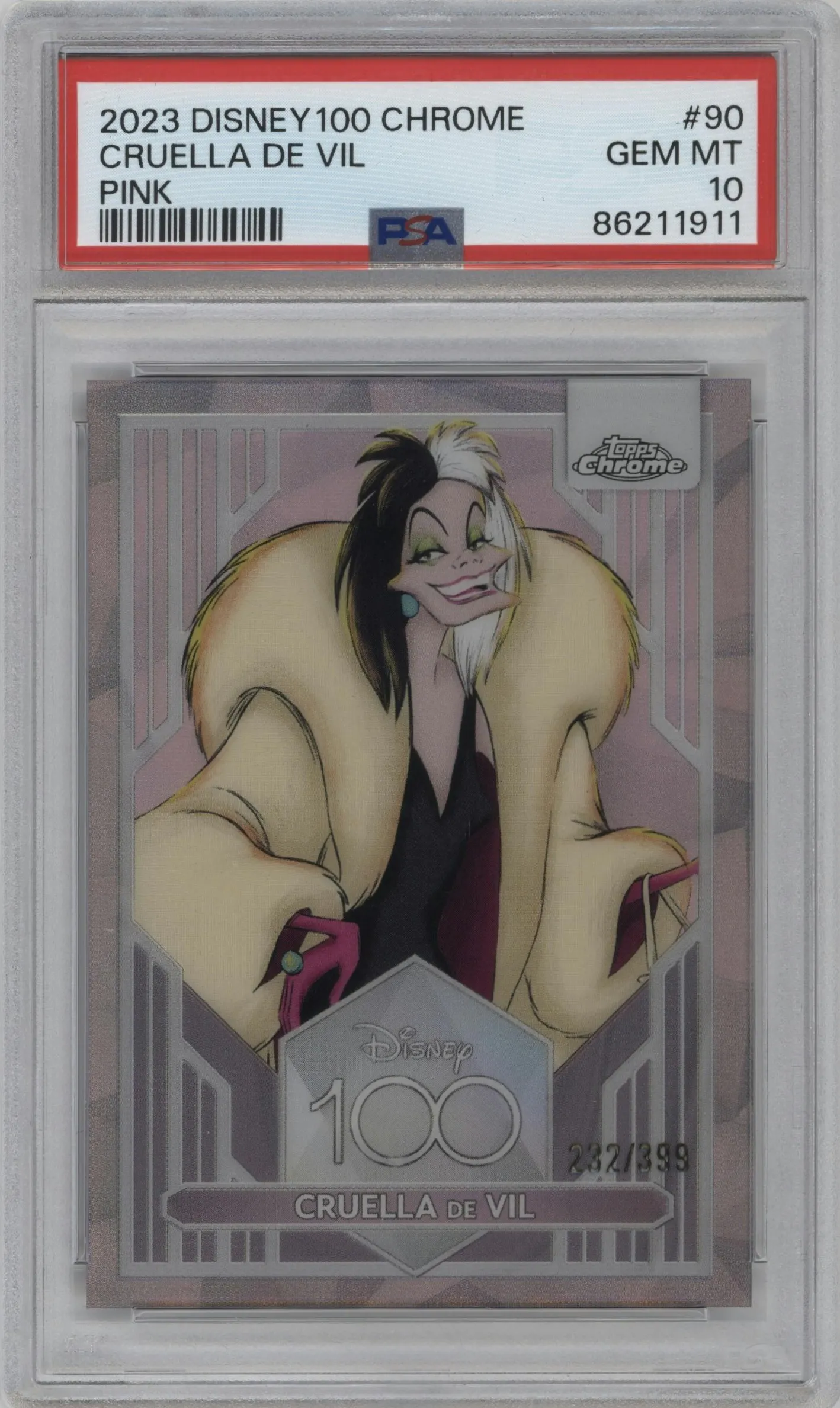 2023 Topps Chrome Disney 100 Cruella de Vil Pink Refractor #90 PSA 10