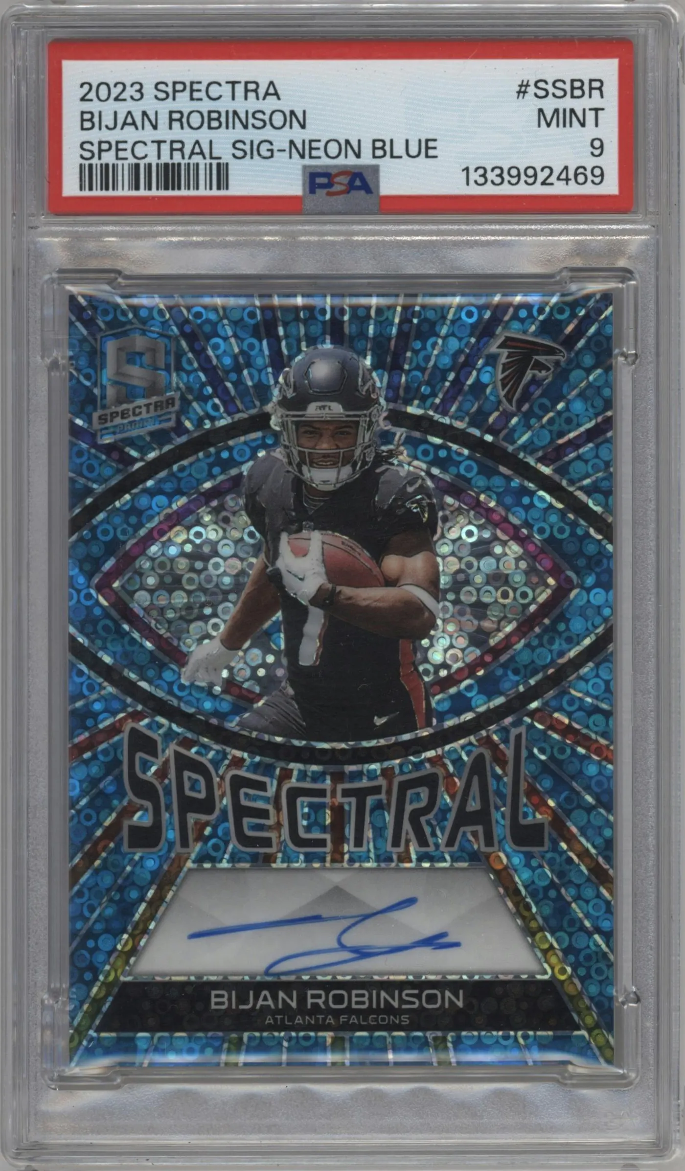 2023 Panini Spectra Spectral Sig. Bijan Robinson Neon Blue #SS-BR PSA 9