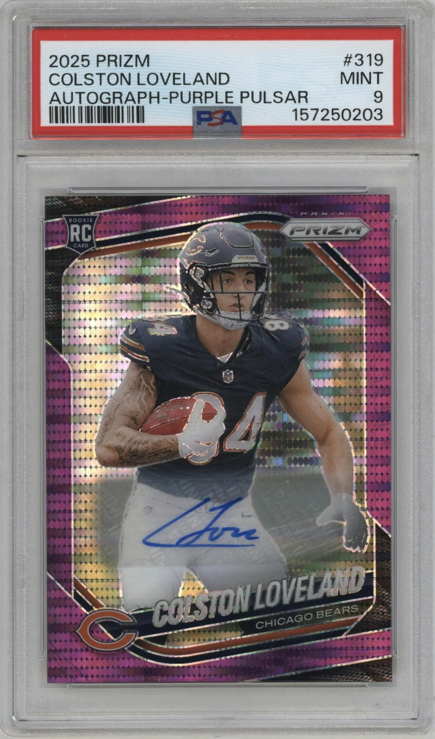 2025 Panini Prizm Rke.Auto Colston Loveland Purple Pulsar #319 PSA 9
