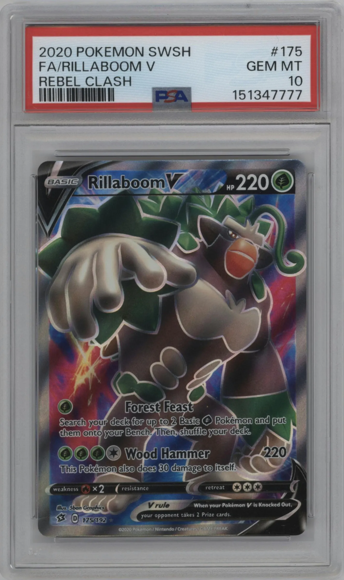 2020 Pokemon SWSH Rebel Clash Rillaboom V #175 PSA 10