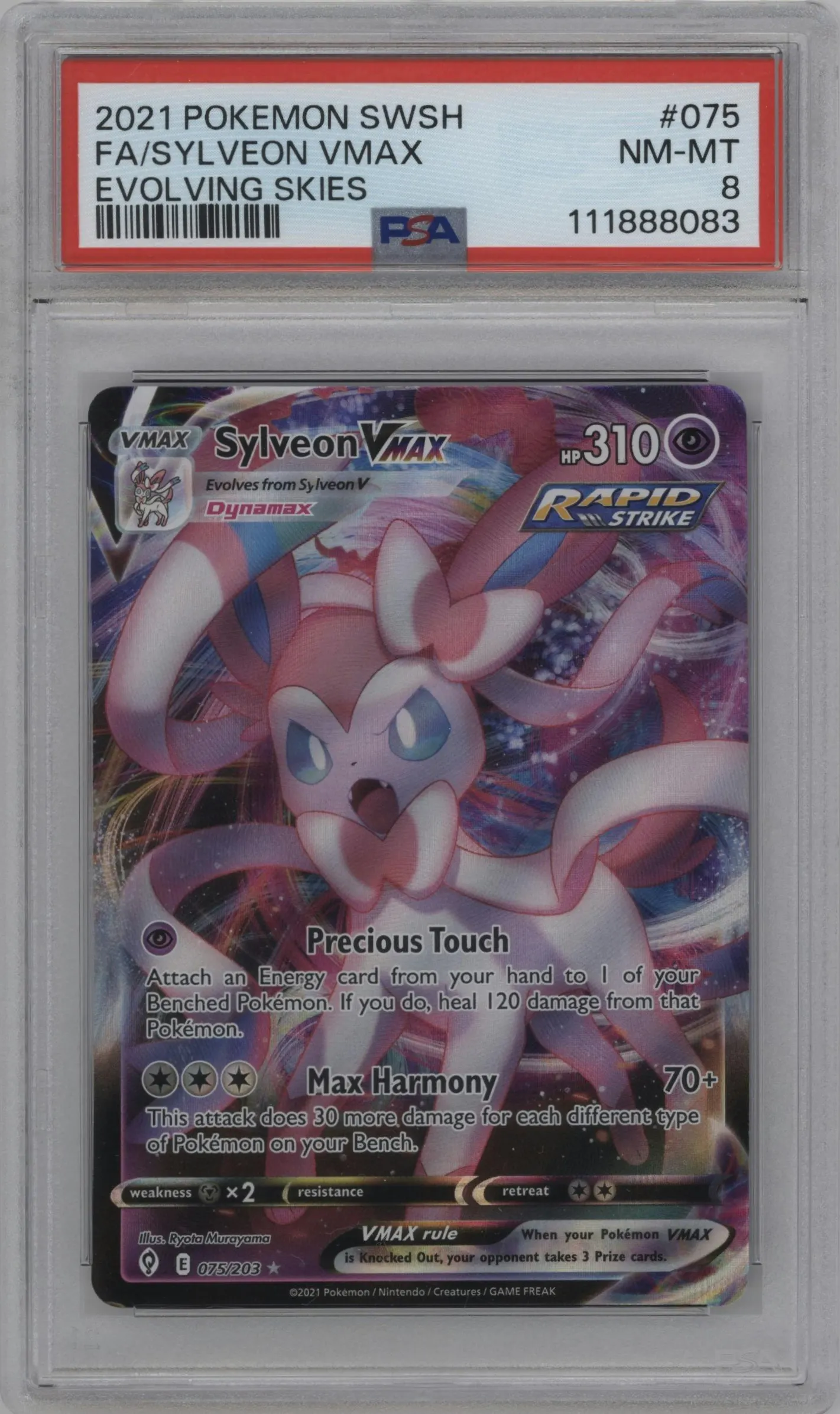 2021 Pokemon SWSH Evolving Skies Sylveon VMAX #075 PSA 8