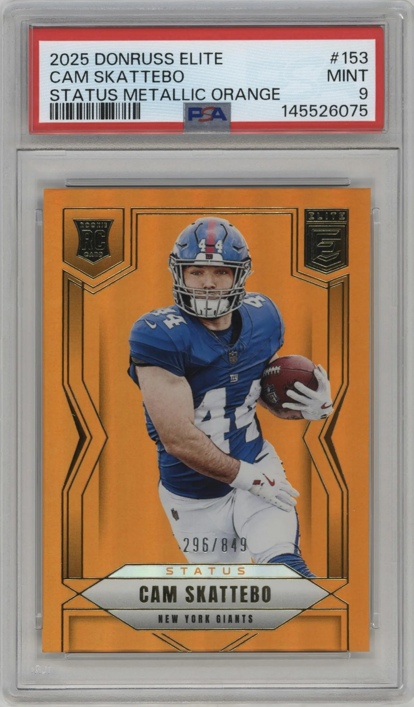 2025 Panini Donruss Elite Status Cam Skattebo Metallic Orange #153 PSA 9