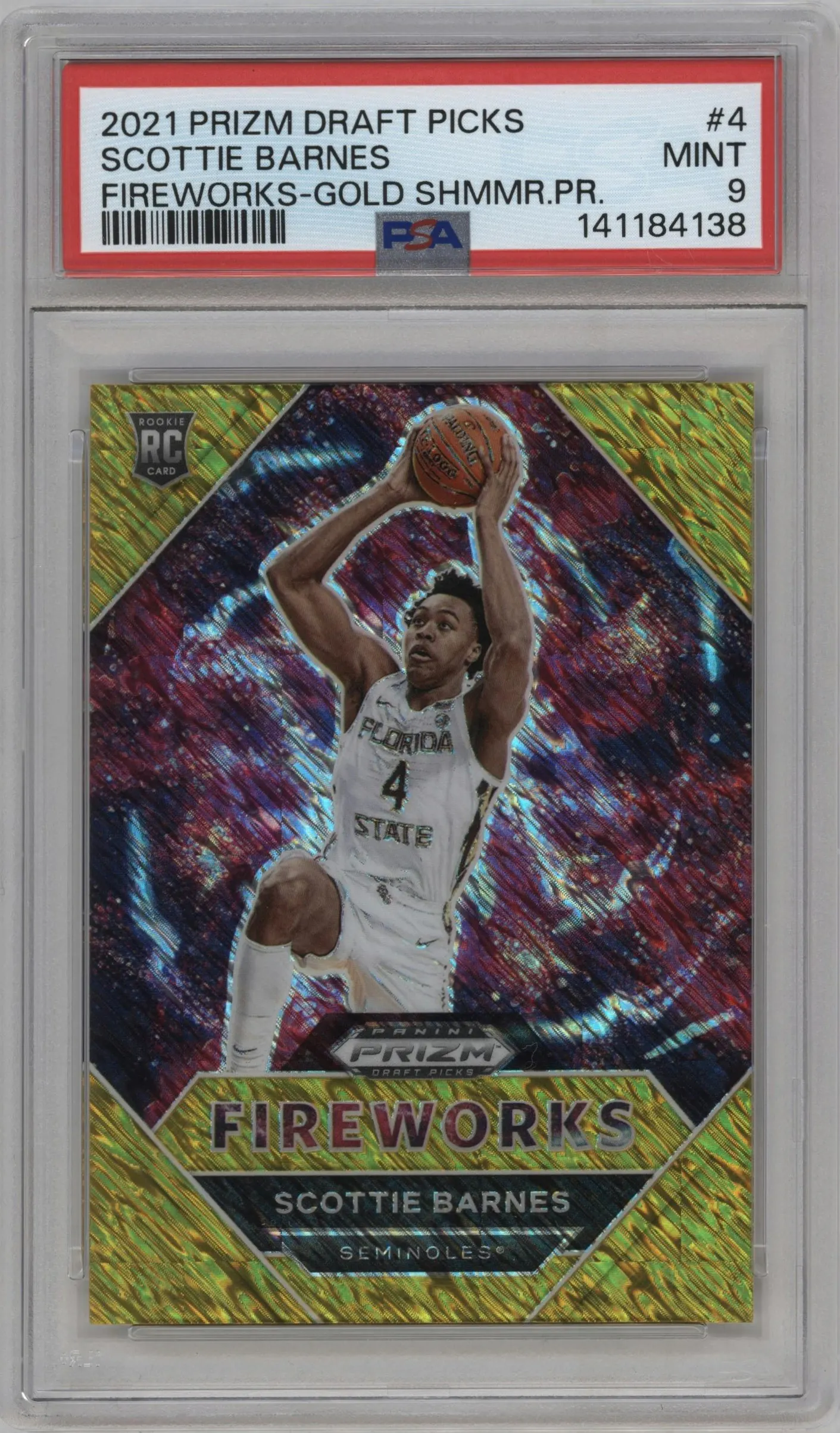 2021 Panini Prizm Draft Picks Fireworks Scottie Barnes Prizms Gold Shimmer #4 PSA 9