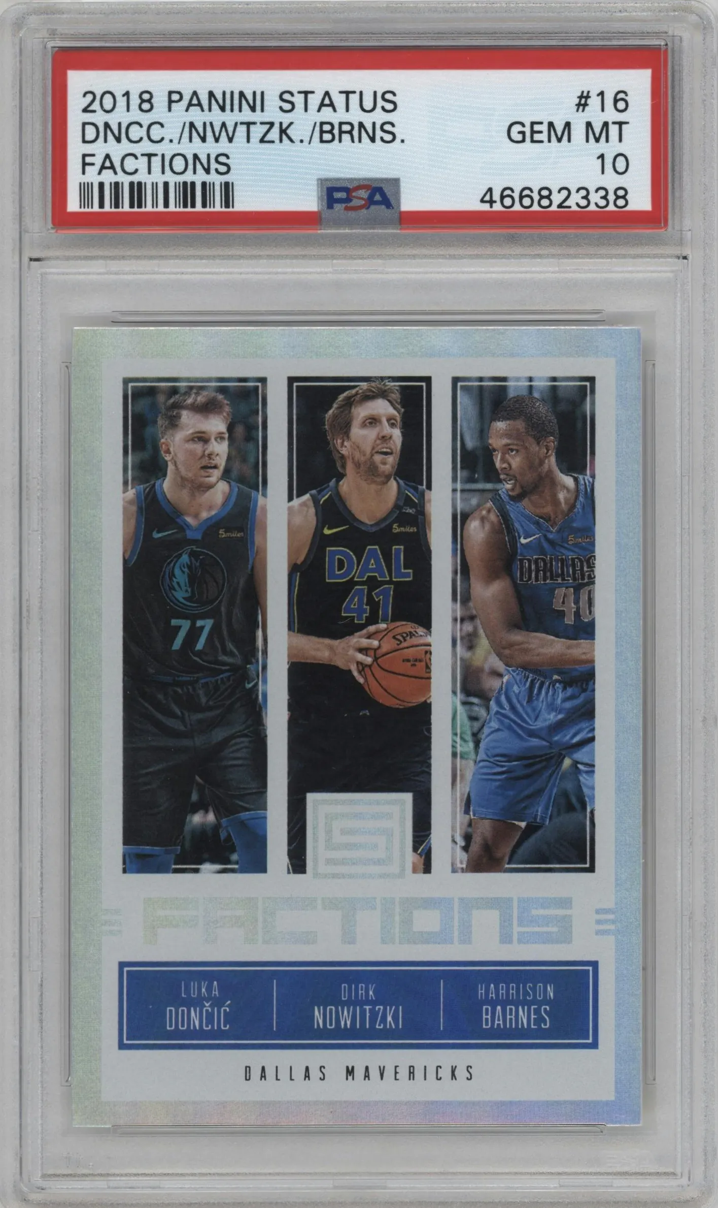 2018 Panini Status Factions Luka Doncic/Dirk Nowitzki/Harrison Barnes #16 PSA 10