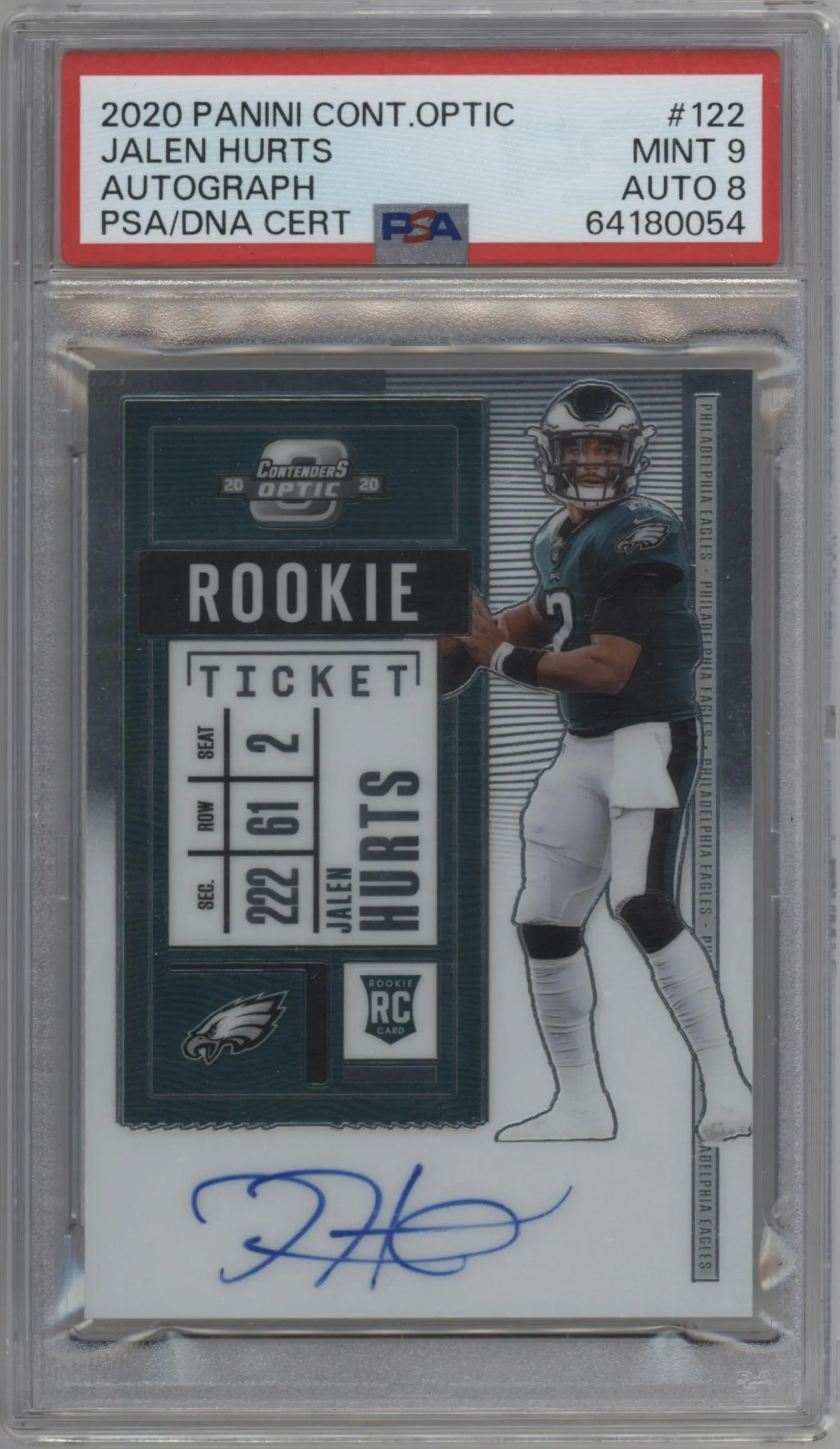 2020 Panini Contenders Optic Rke.Tkt.Auto Jalen Hurts #122 PSA 9