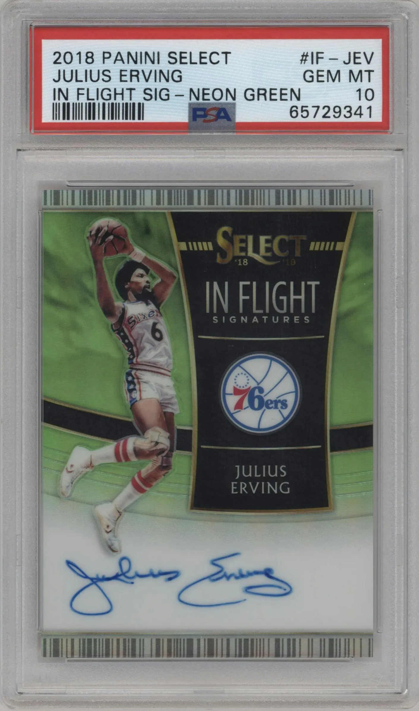 2018 Panini Select In Flight Sig. Julius Erving Neon Green Prizm #IF-JEV PSA 10