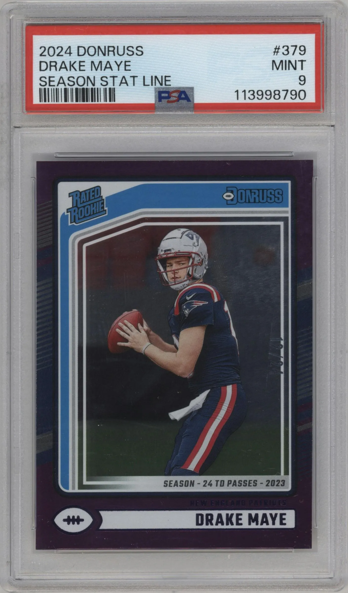 2024 Donruss Rated Rookie Drake Maye Season Stat Line #379 PSA 9