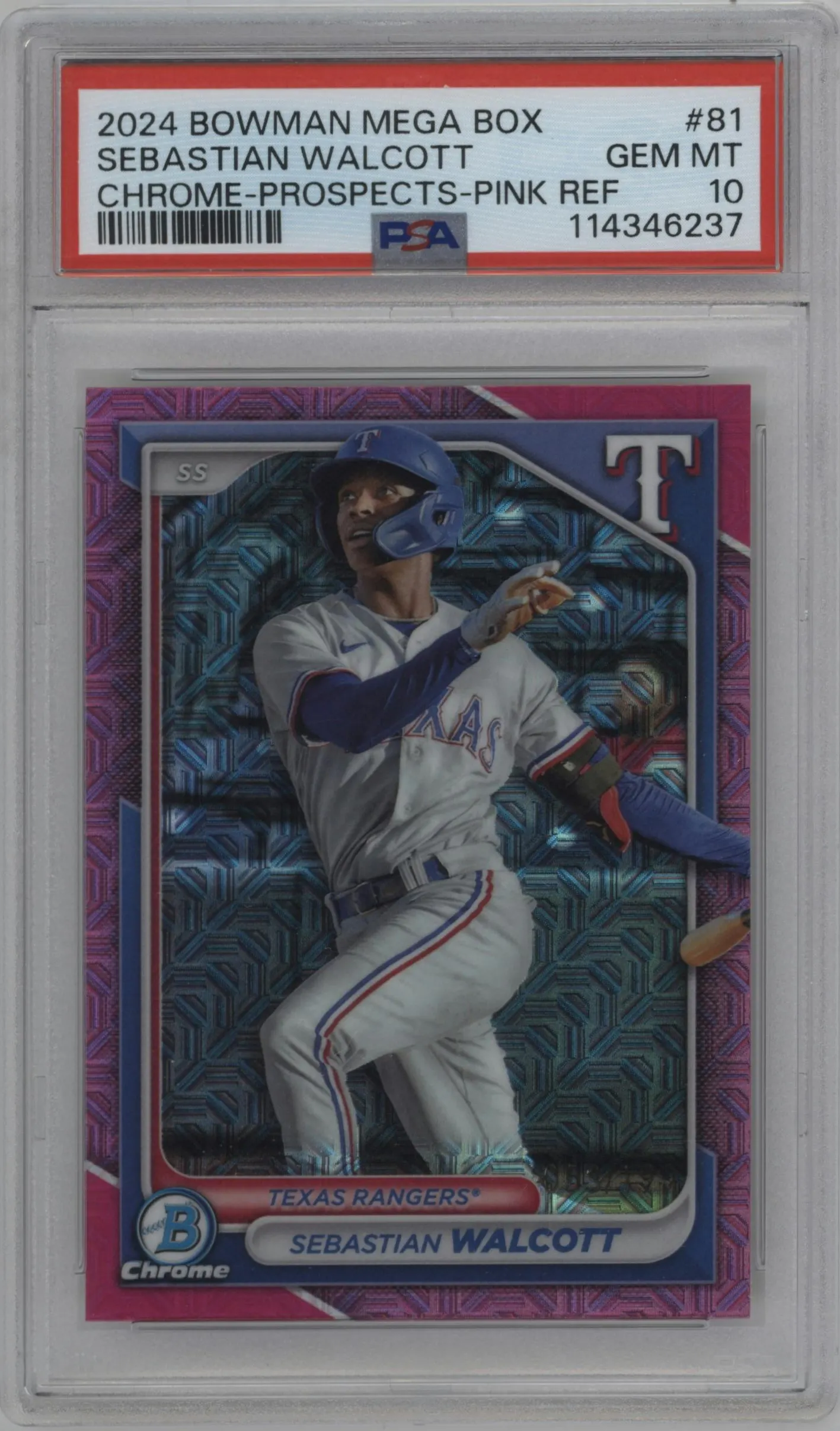 2024 Bowman Mega Box Chrome Pros. Sebastian Walcott Pink Refractor PSA 10
