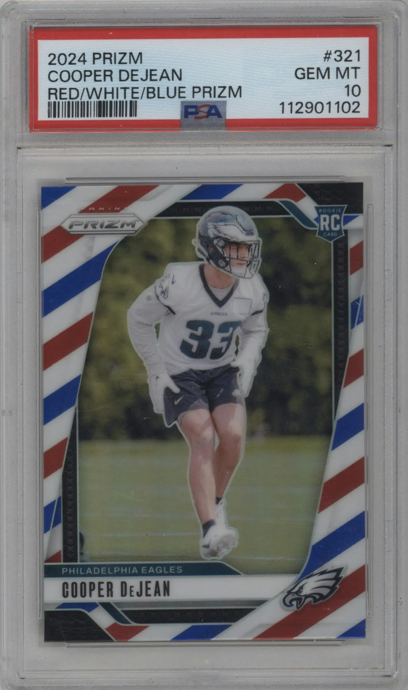 2024 Panini Prizm Cooper DeJean Red White Blue Prizm #321 PSA 10
