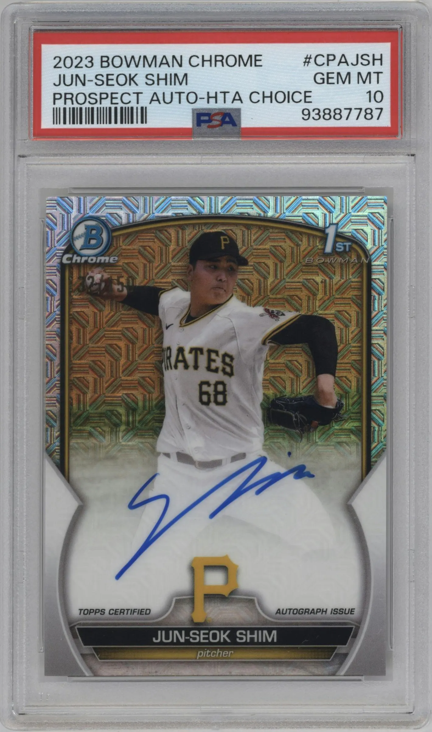 2023 Bowman Chrome Chr.Pros.Auto Jun-Seok Shim HTA Choice Refractor #CPA-JSH PSA 10