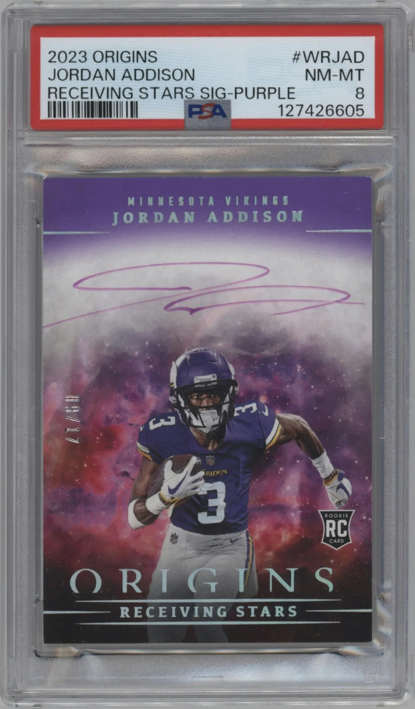 2023 Panini Origins Receiving Stars Sig. Jordan Addison Purple #WRJAD PSA 8