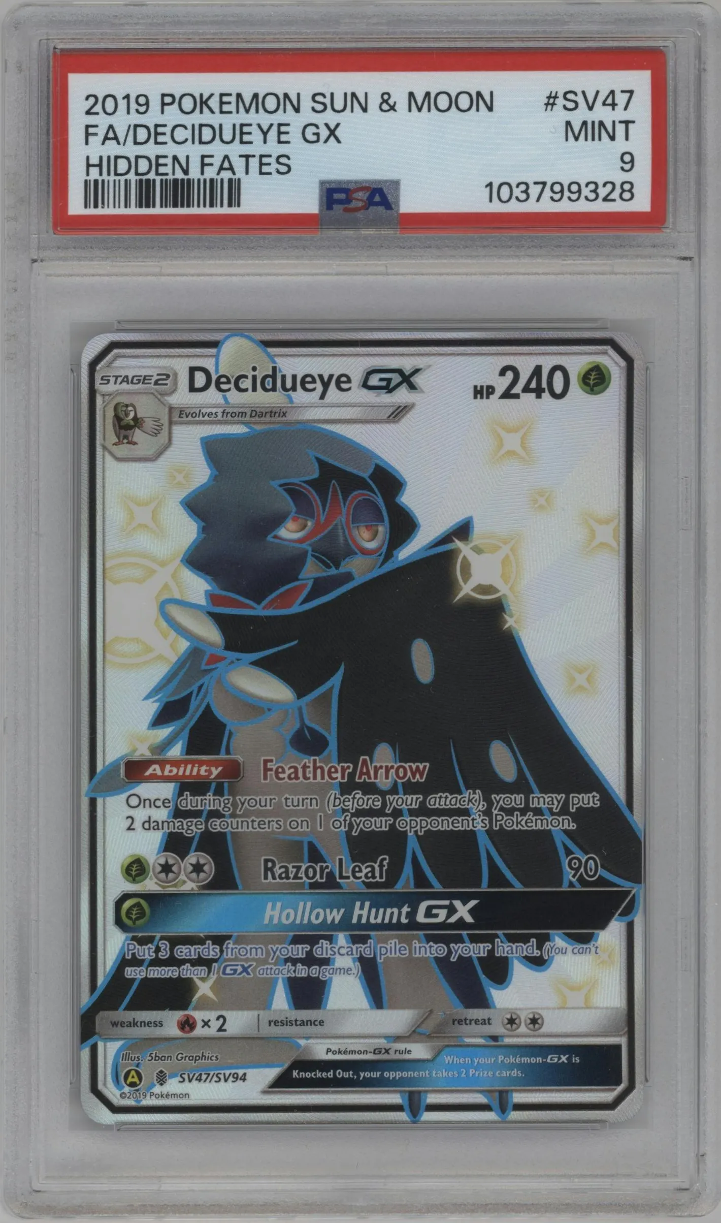 2019 Pokemon S&M Hidden Fates Decidueye GX #SV47 PSA 9