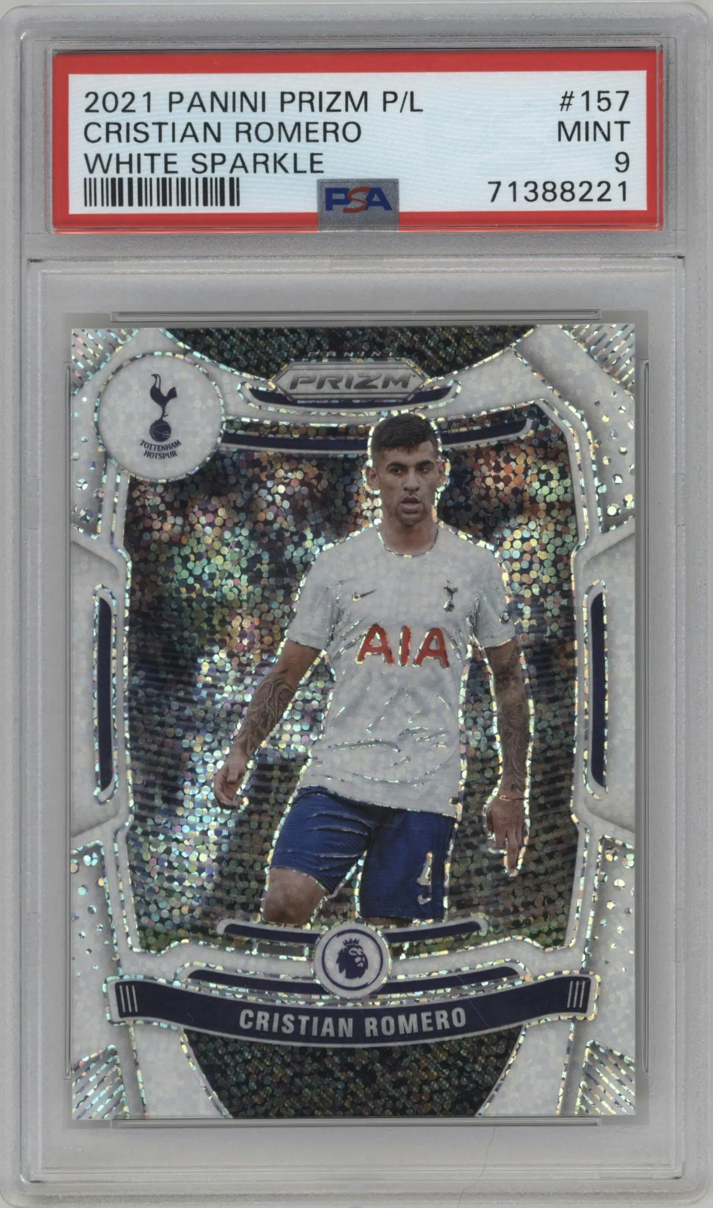 2021 Panini Prizm Premier League Cristian Romero White Sparkle #157 PSA 9