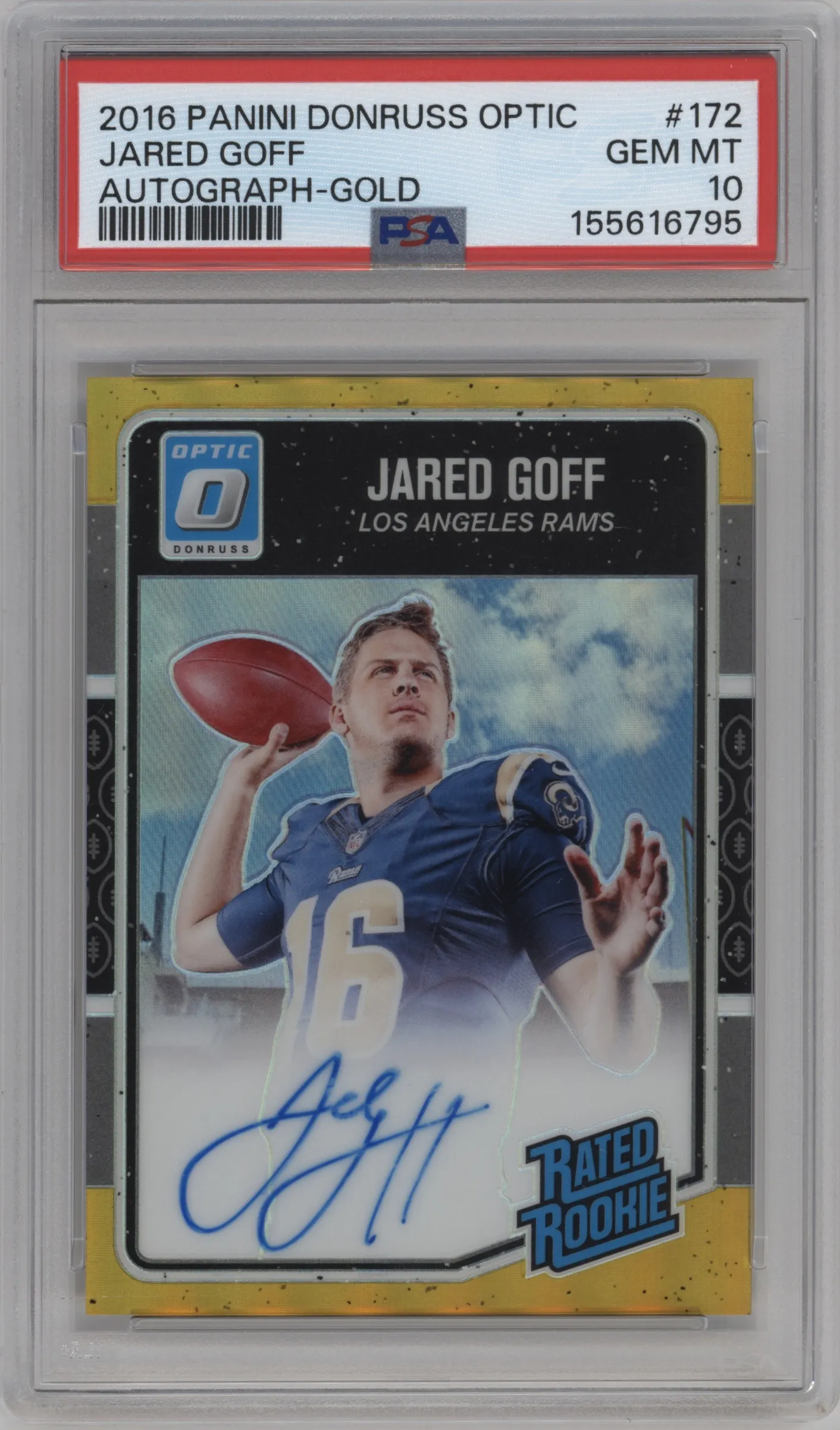 2016 Panini Donruss Optic Rtd.Rke.Auto Jared Goff Gold #172 PSA 10