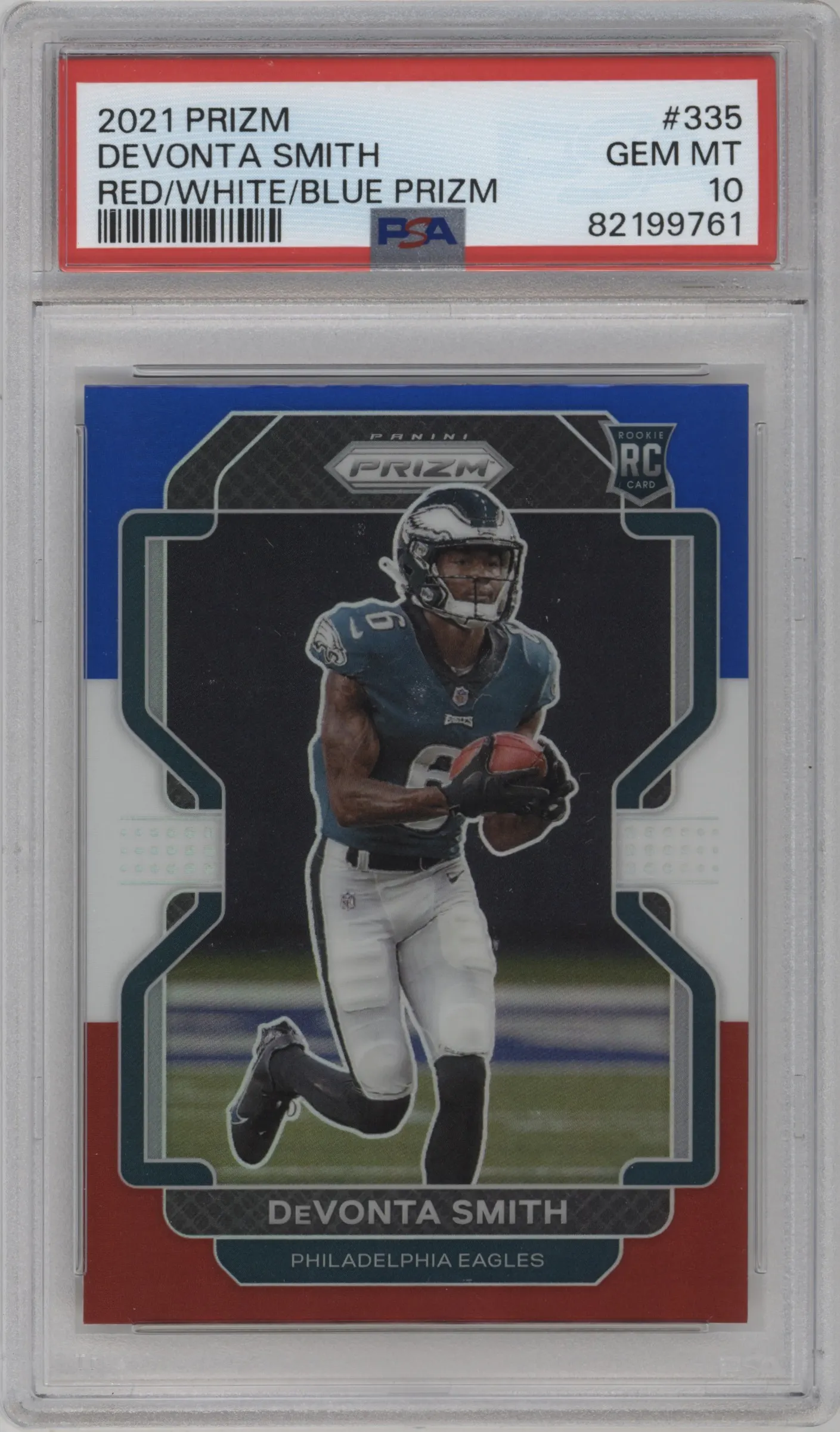 2021 Panini Prizm DeVonta Smith Red/White/Blue Prizm #335 PSA 10