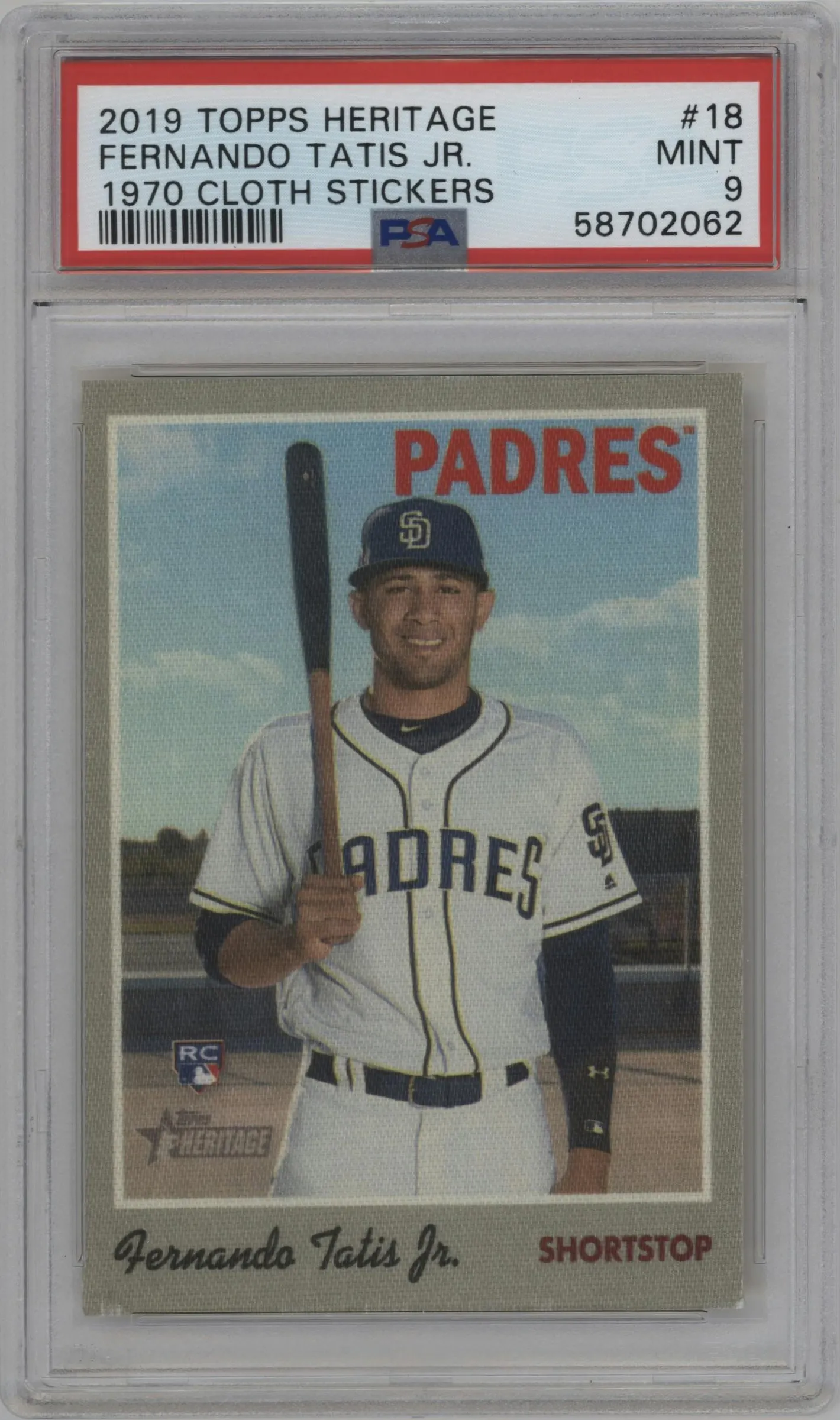 2019 Topps Heritage HN 1970 Topps Cloth Stickers Fernando Tatis Jr. #18 PSA 9