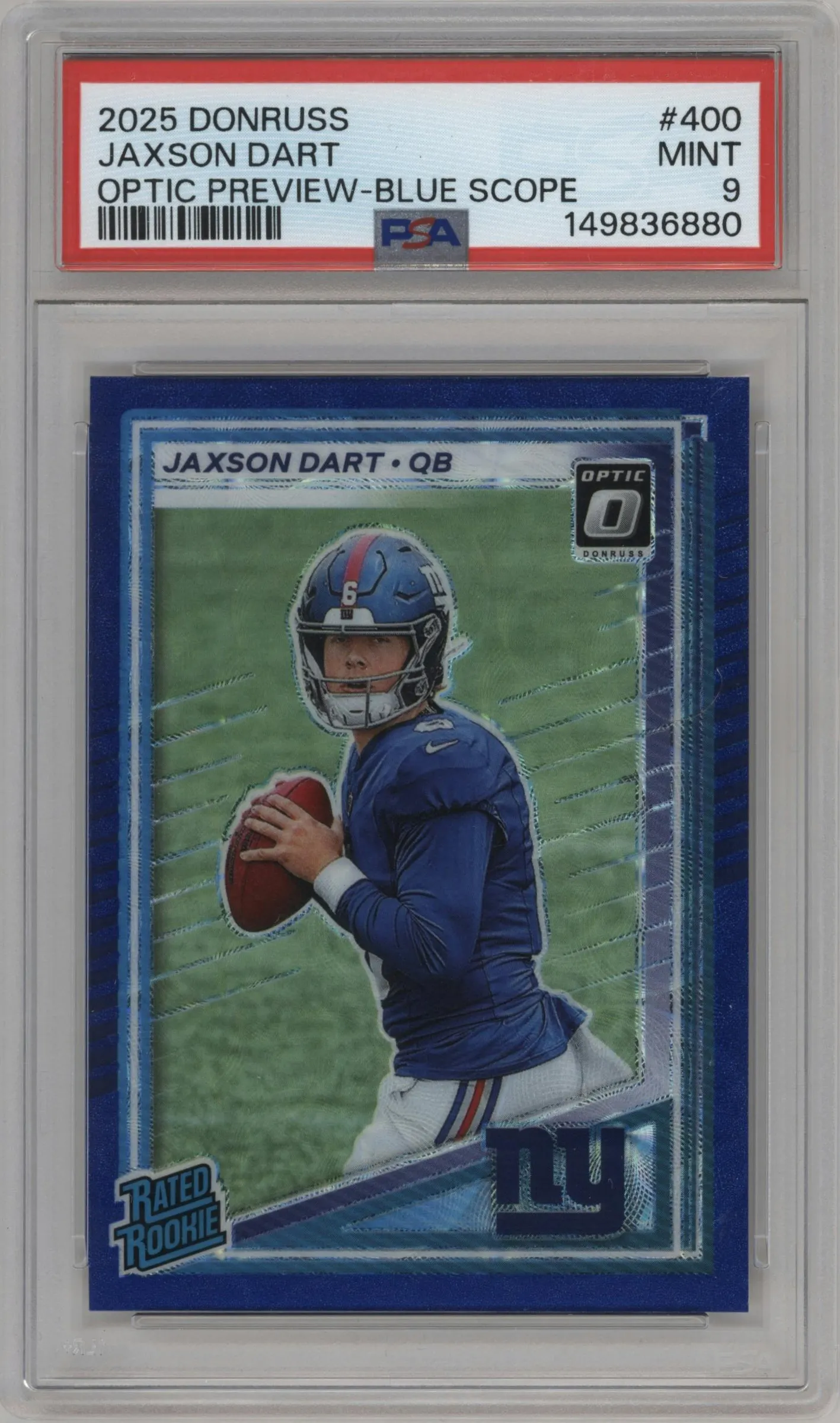 2025 Panini Donruss Opt.Rtd.Rke.Prev. Jaxson Dart Blue Scope #400 PSA 9
