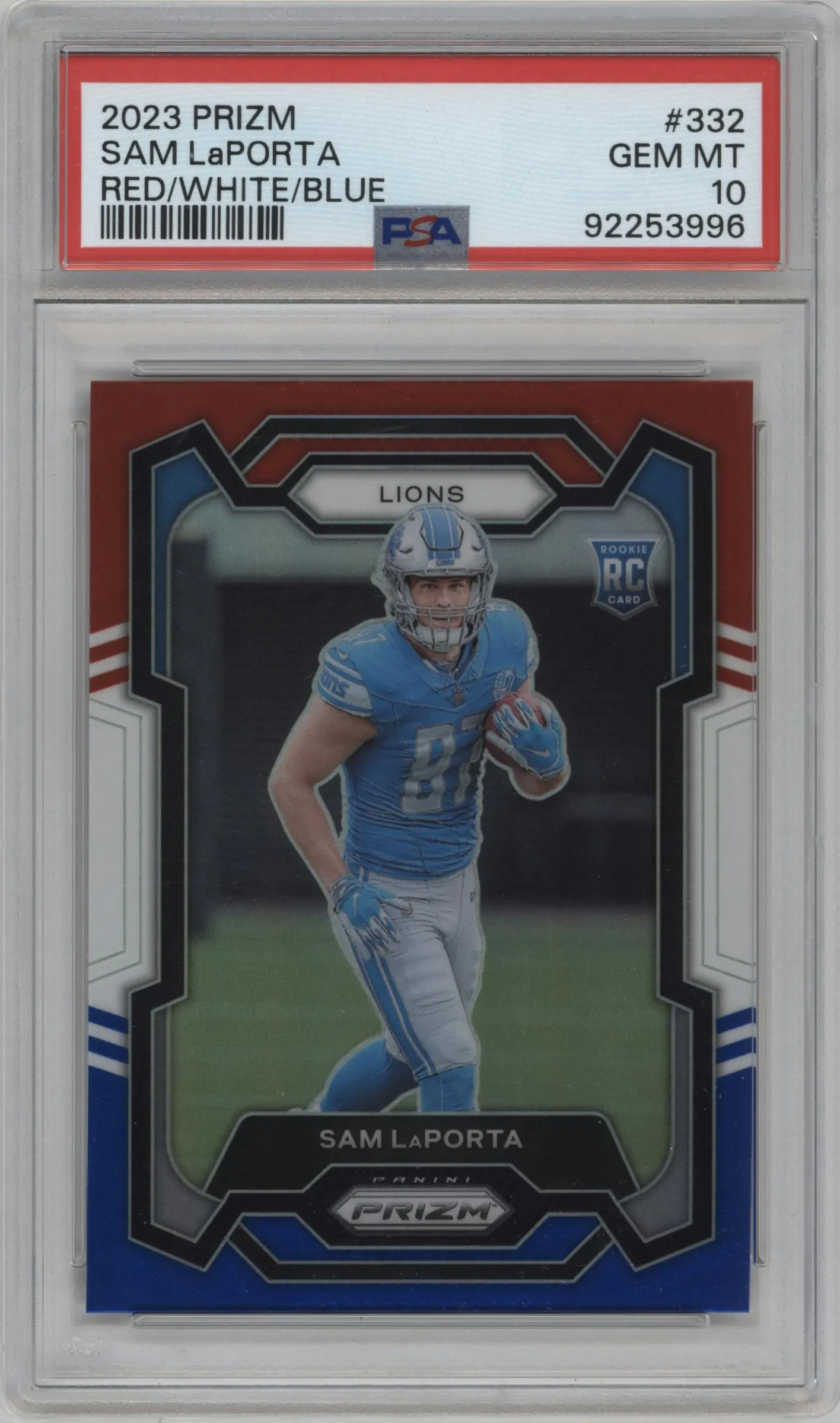 2023 Panini Prizm Sam LaPorta Red/White/Blue #332 PSA 10