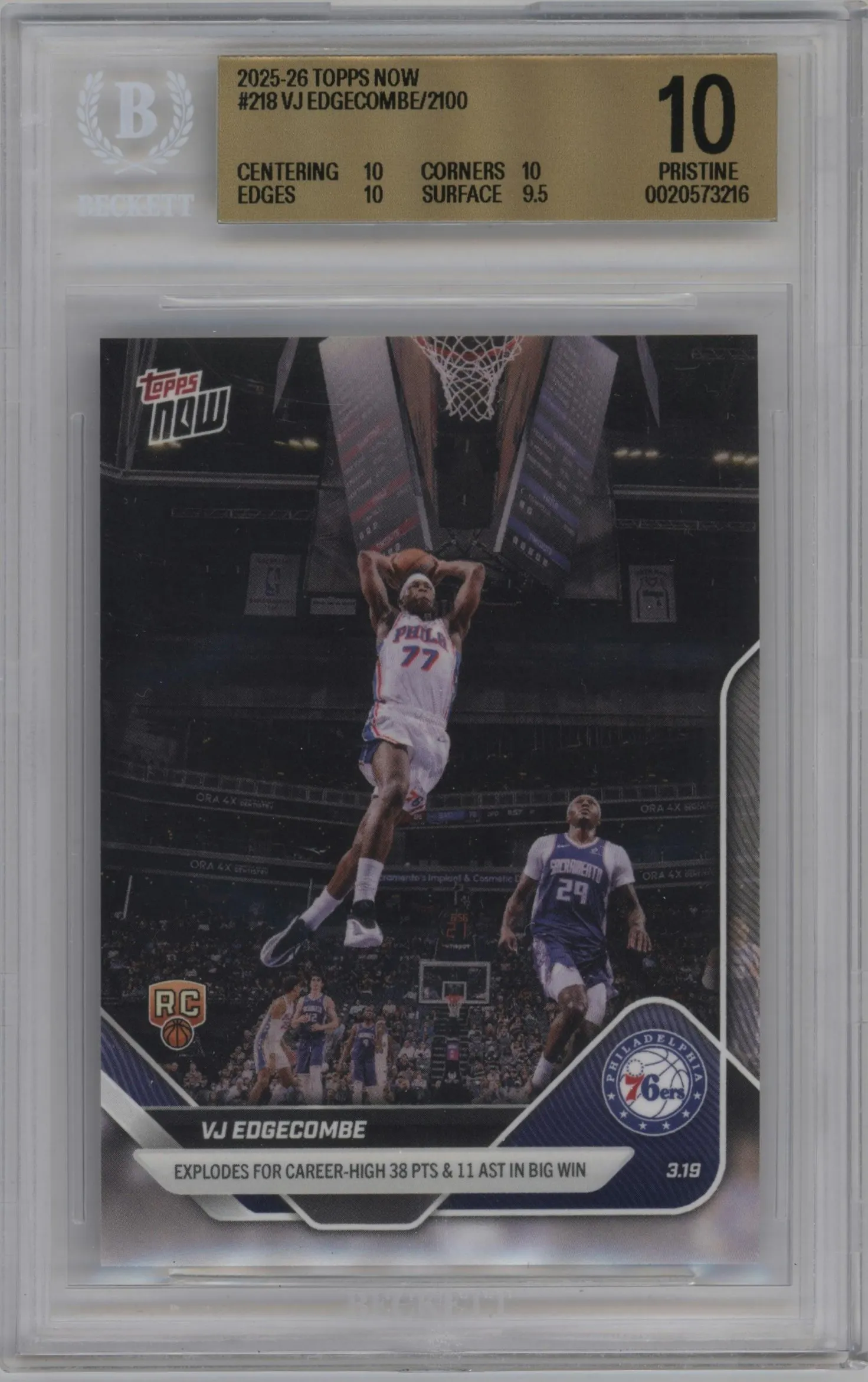 2025 Topps Now VJ Edgecombe #218 BGS 10