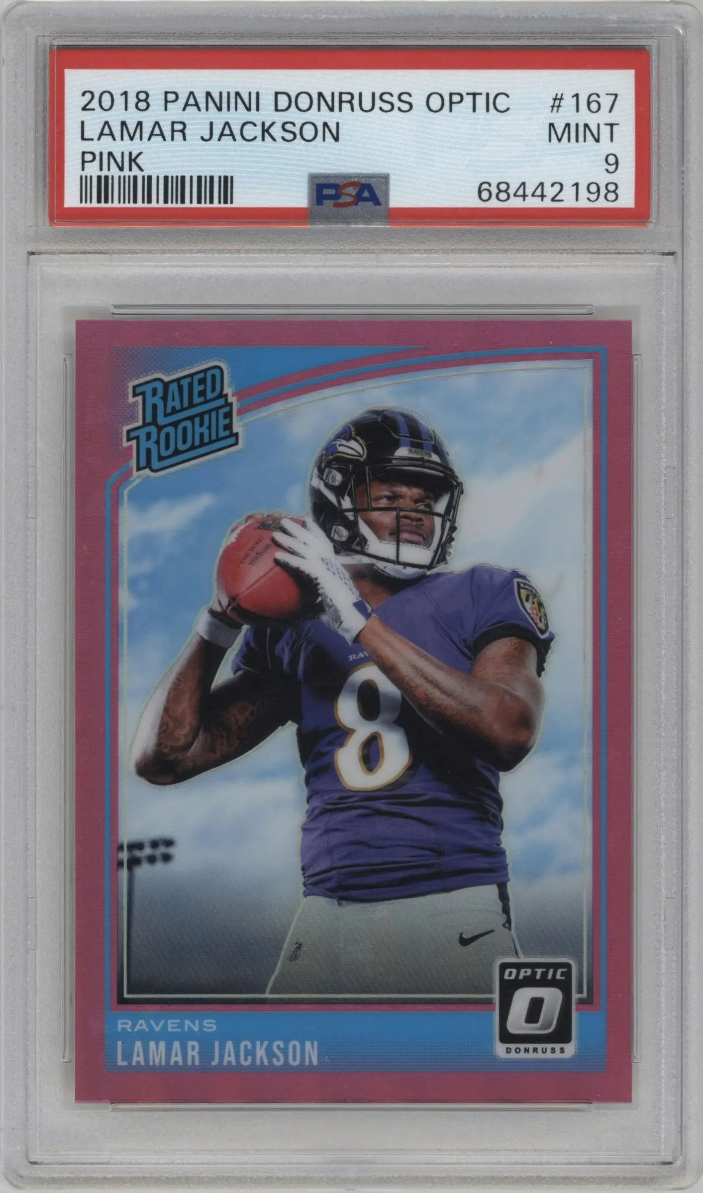 2018 Panini Donruss Optic Rated Rookie Lamar Jackson Pink #167 PSA 9