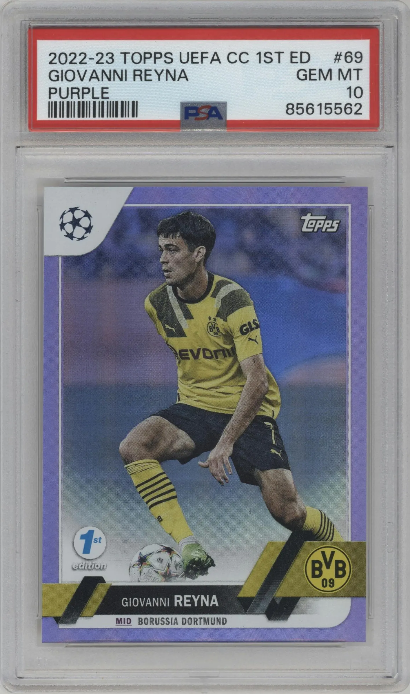 2022 Topps UEFA Club Competitions 1st Edition Giovanni Reyna Purple PSA 10