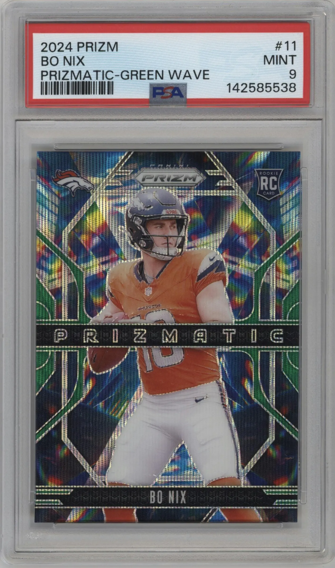 2024 Panini Prizm Prizmatic Bo Nix Green Wave #11 PSA 9