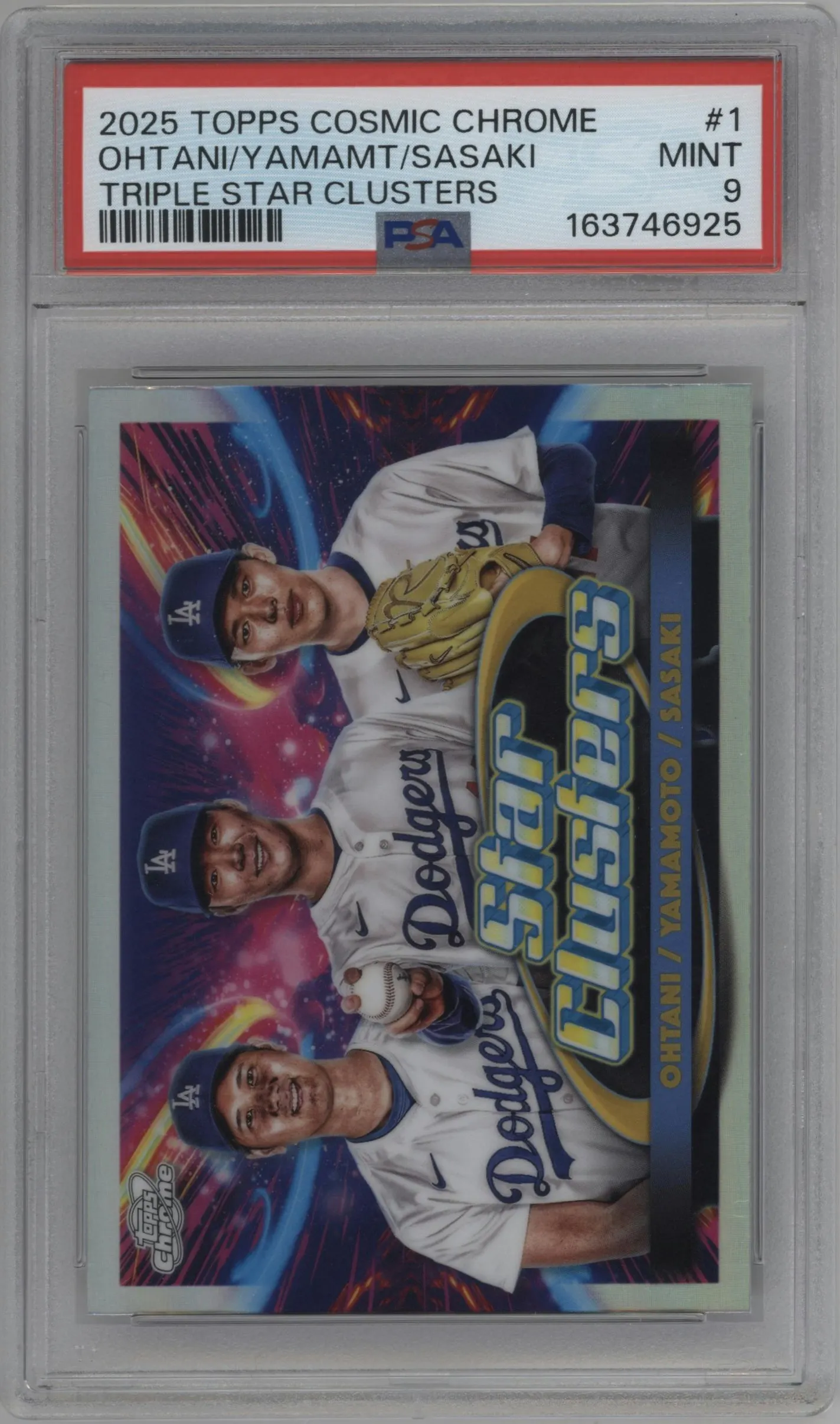 2025 Topps Chrome Cosmic Triple Star Clusters Shohei Ohtani/Yoshinobu Yamamoto/Roki Sasaki #TSC-1 PSA 9