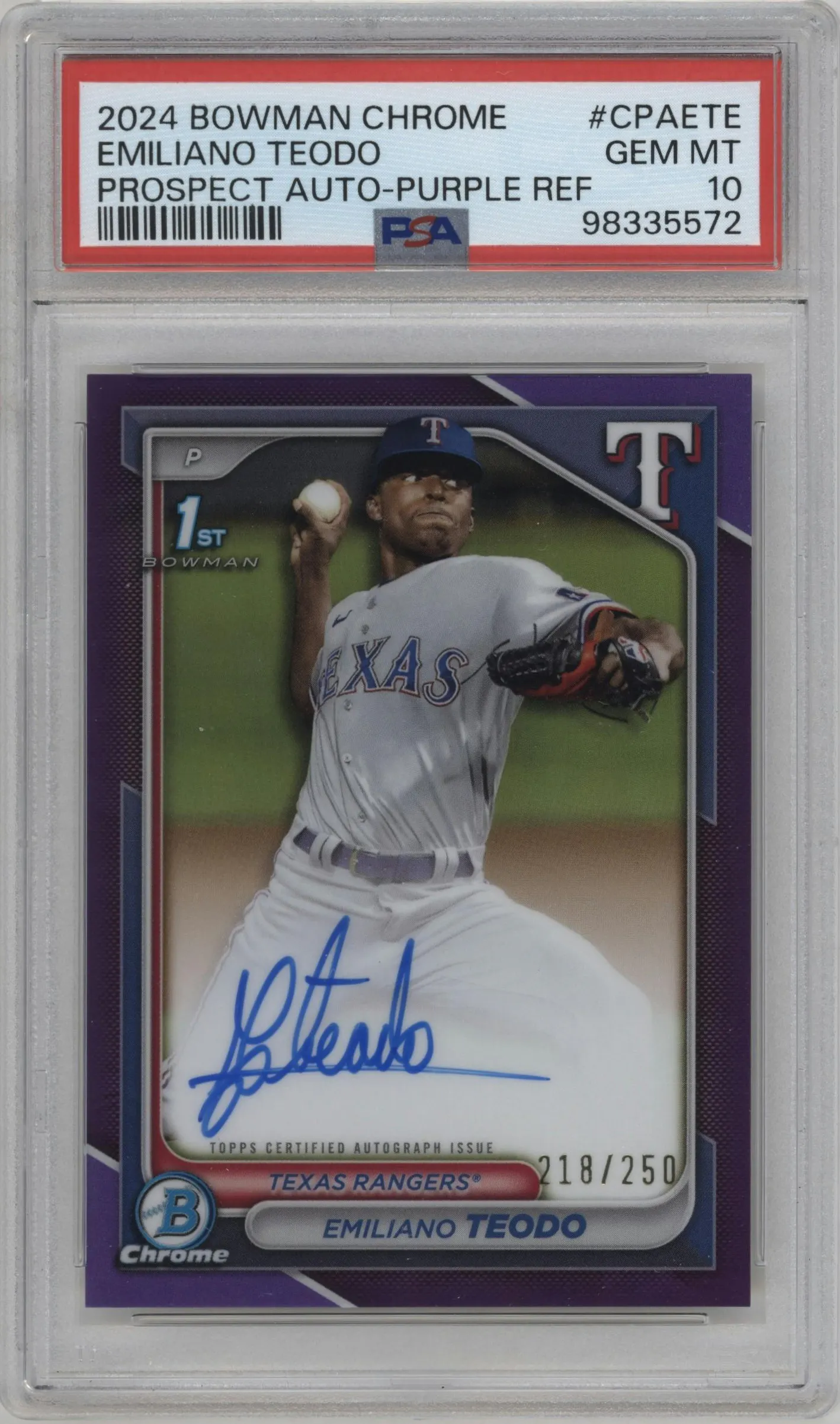 2024 Bowman Chrome Chr.Pros.Auto Emiliano Teodo Purple Refractor #CPA-ETE PSA 10