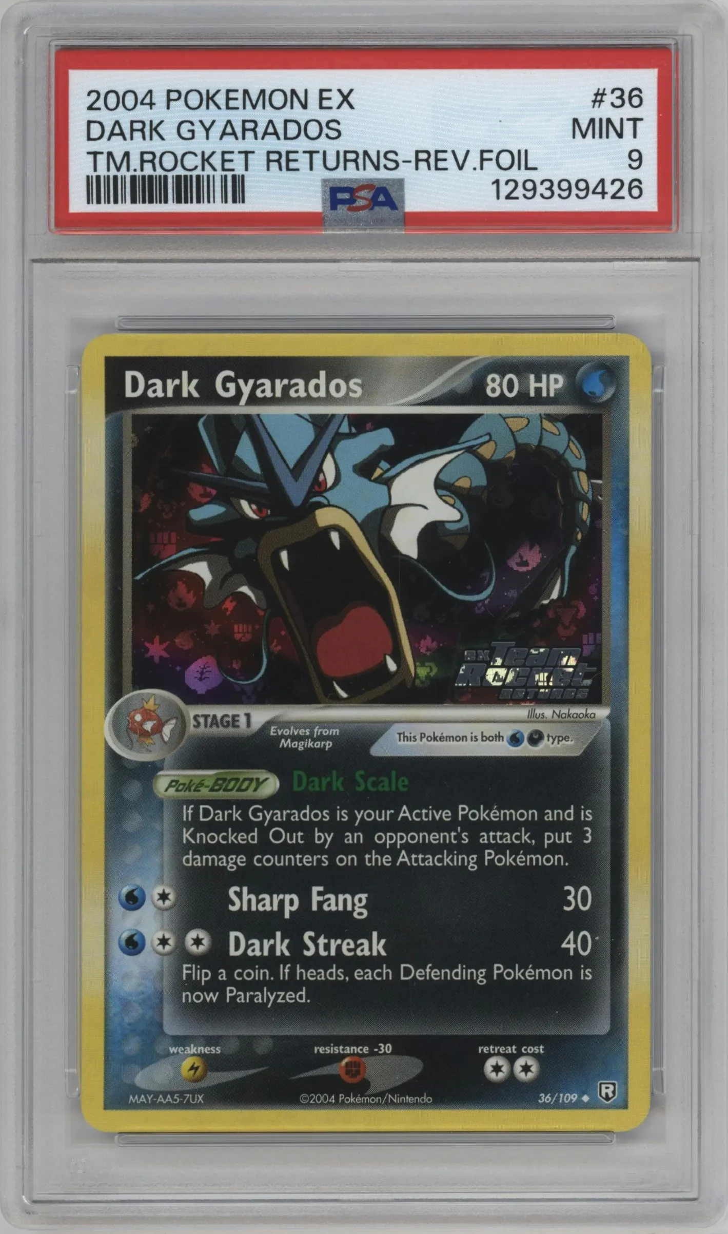 2004 Pokemon EX Team Rocket Returns Dark Gyarados #36 PSA 9