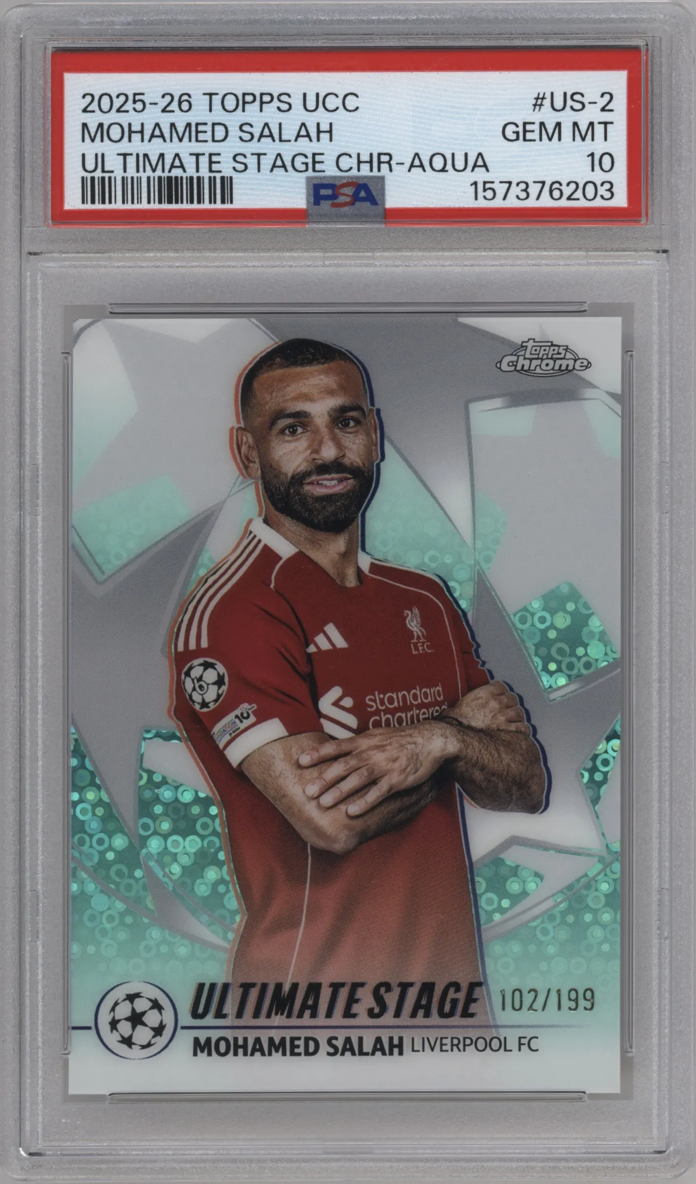 2025 Topps UEFA Club Competitions Ultimate Stage Mohamed Salah Aqua Refractor #US-2 PSA 10