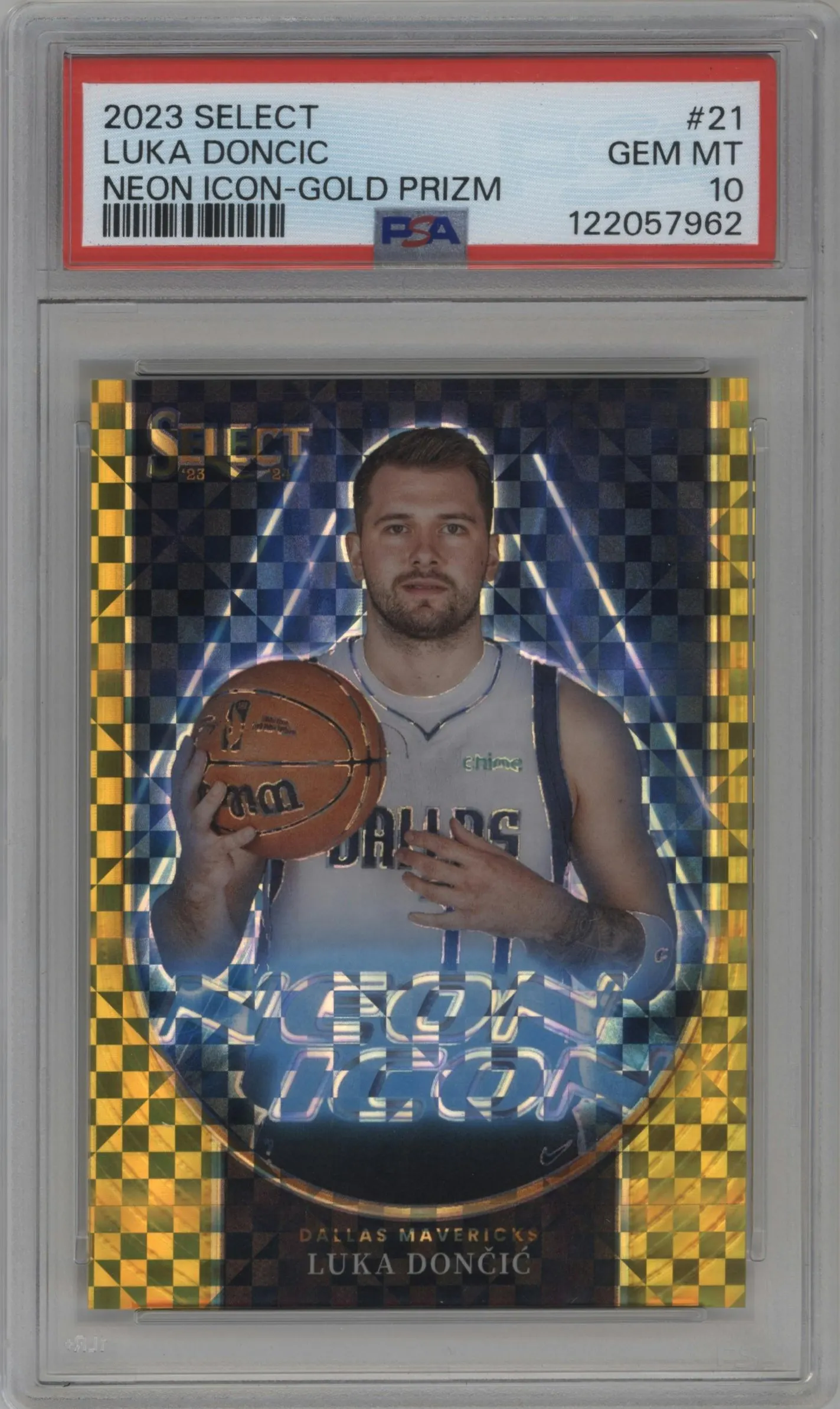 2023 Panini Select Neon Icon Luka Doncic Gold Prizm #21 PSA 10