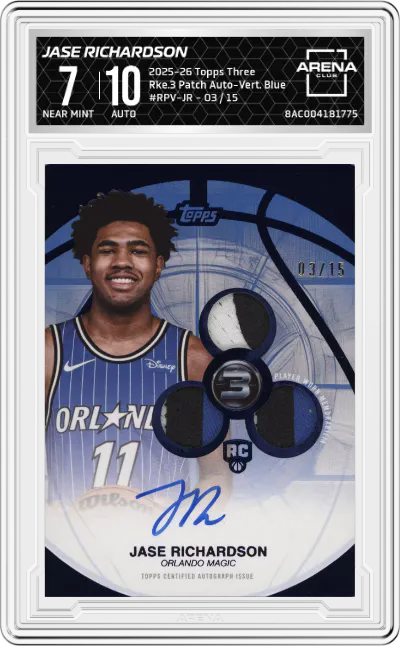 2025 Topps Three Rke.3 Patch Auto-Vert. Jase Richardson Blue #RPV-JR  ARENA CLUB 7
