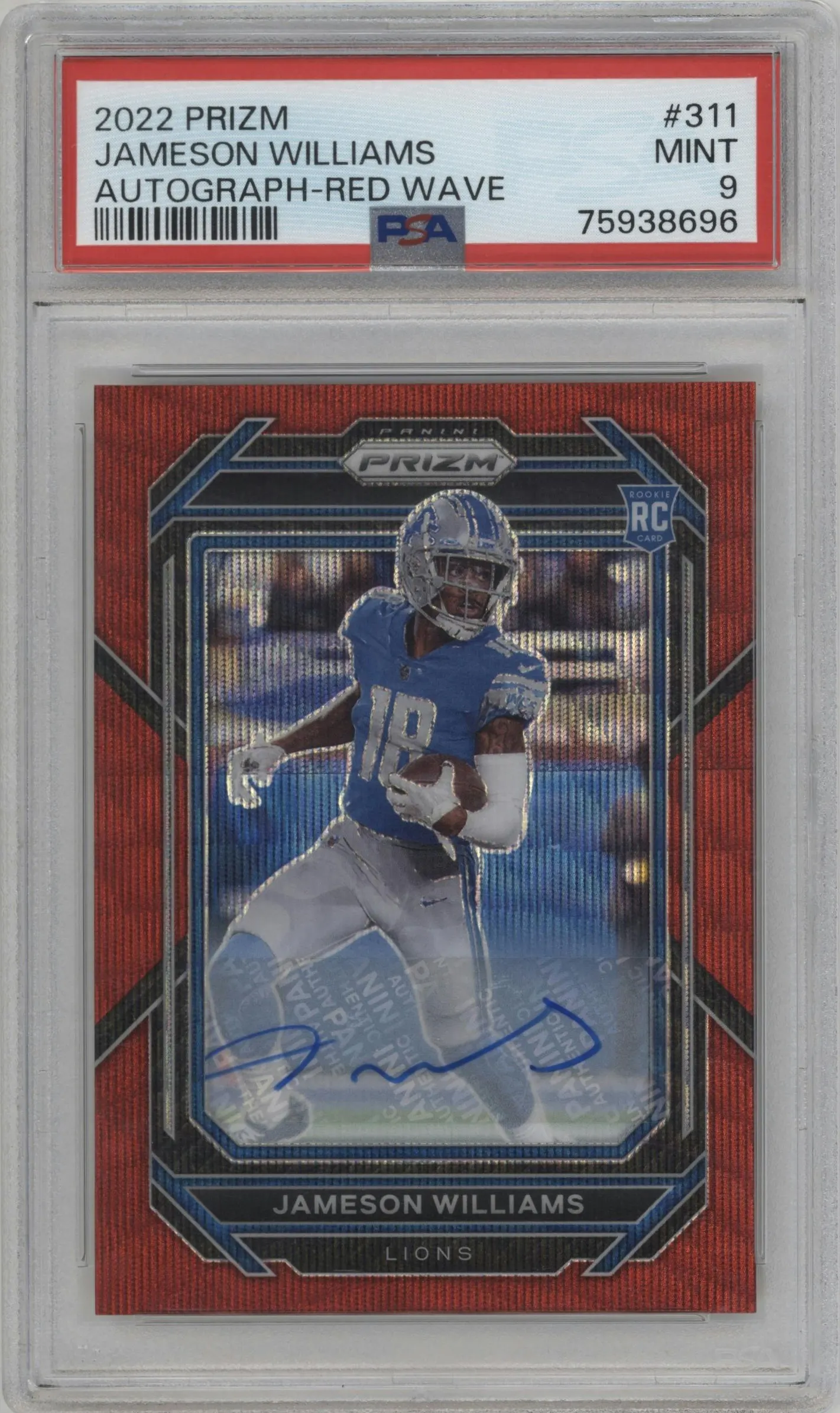 2022 Panini Prizm Rke.Auto Jameson Williams Red Wave #311 PSA 9