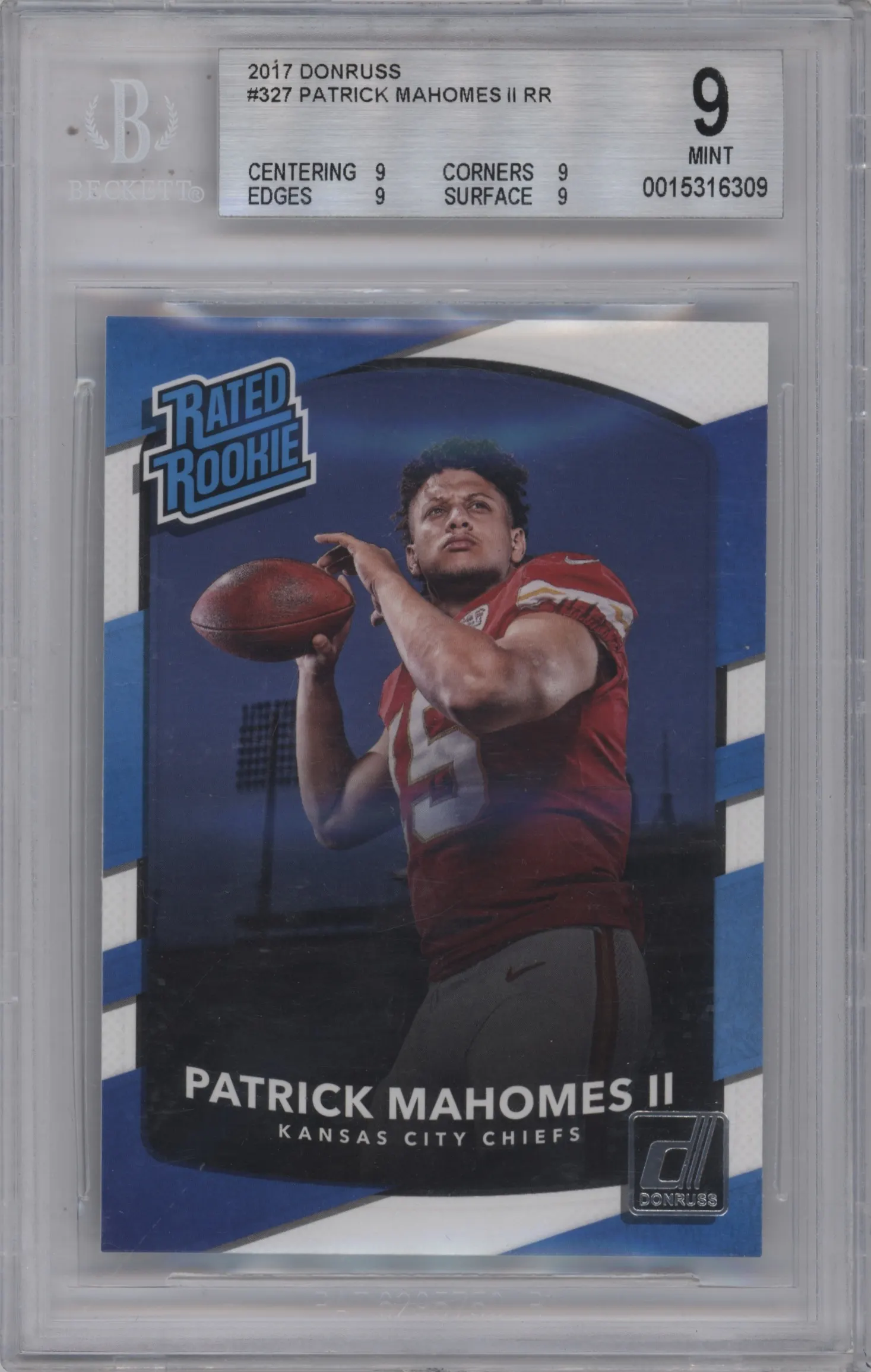 2017 Panini Donruss Rated Rookie Patrick Mahomes II #327 BGS 9