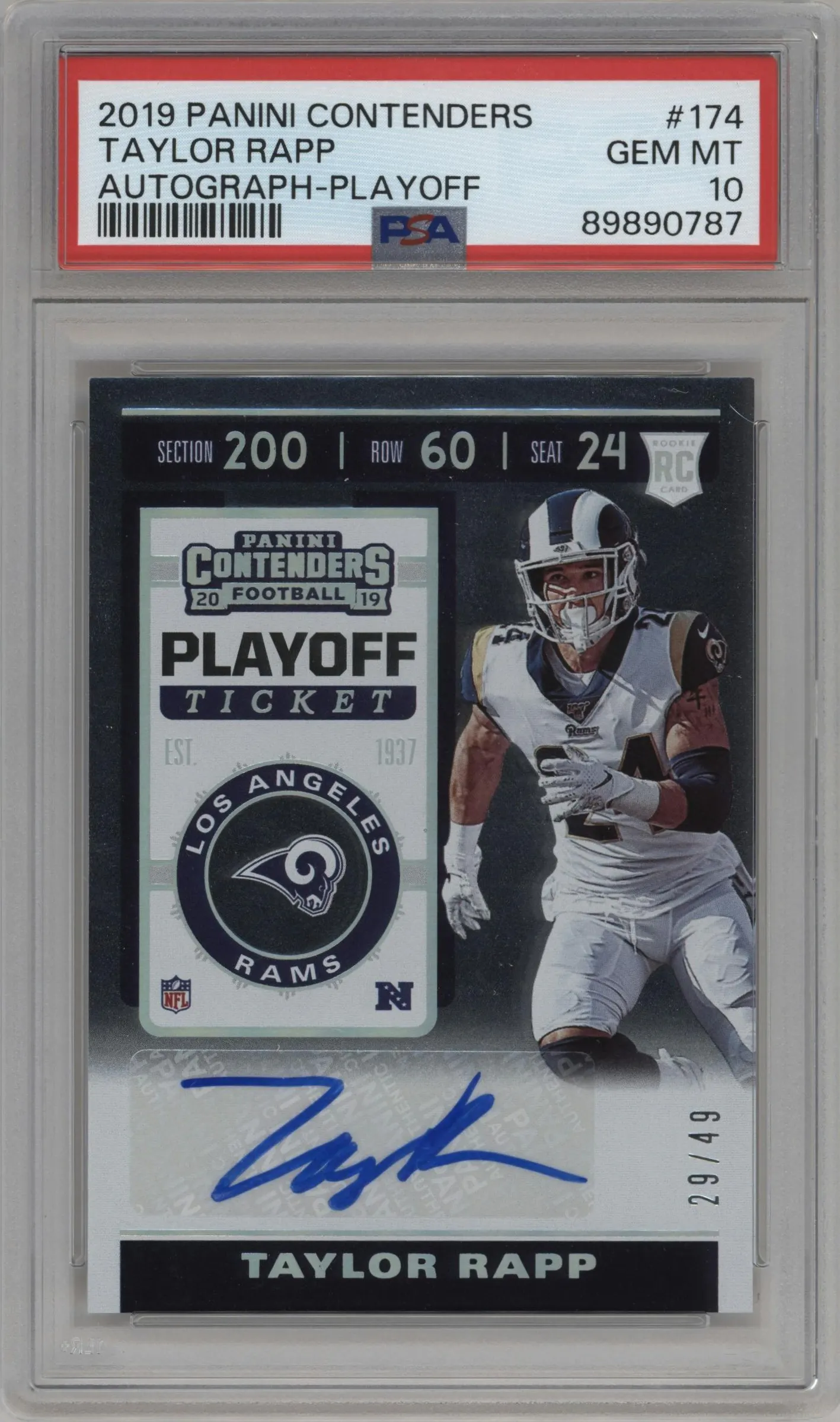2019 Panini Contenders Playoff Tkt. Taylor Rapp #174 PSA 10