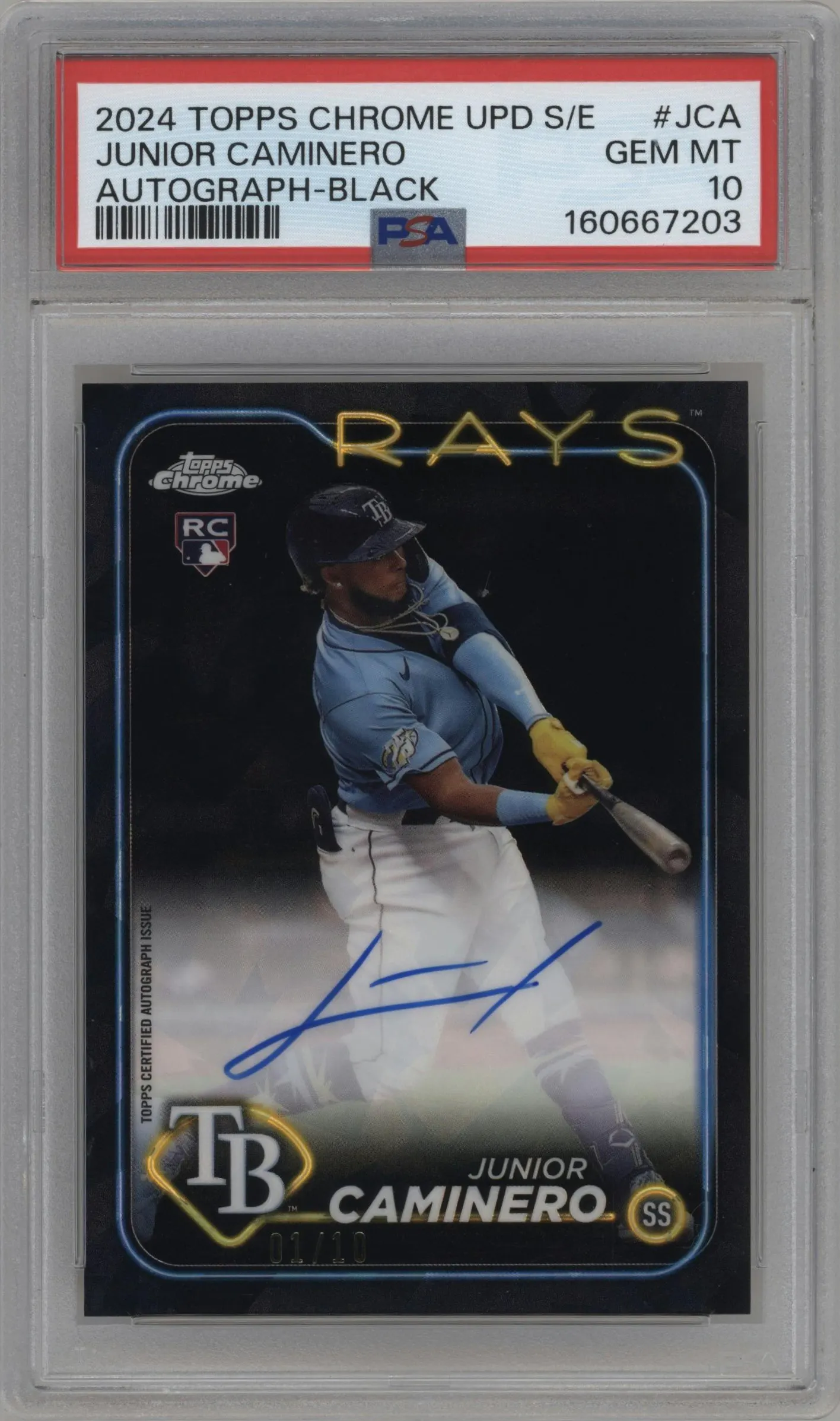 2024 Topps Chrome Update Sapphire Edition Auto Junior Caminero Black Sapphire Refractor #USA-JCA PSA 10