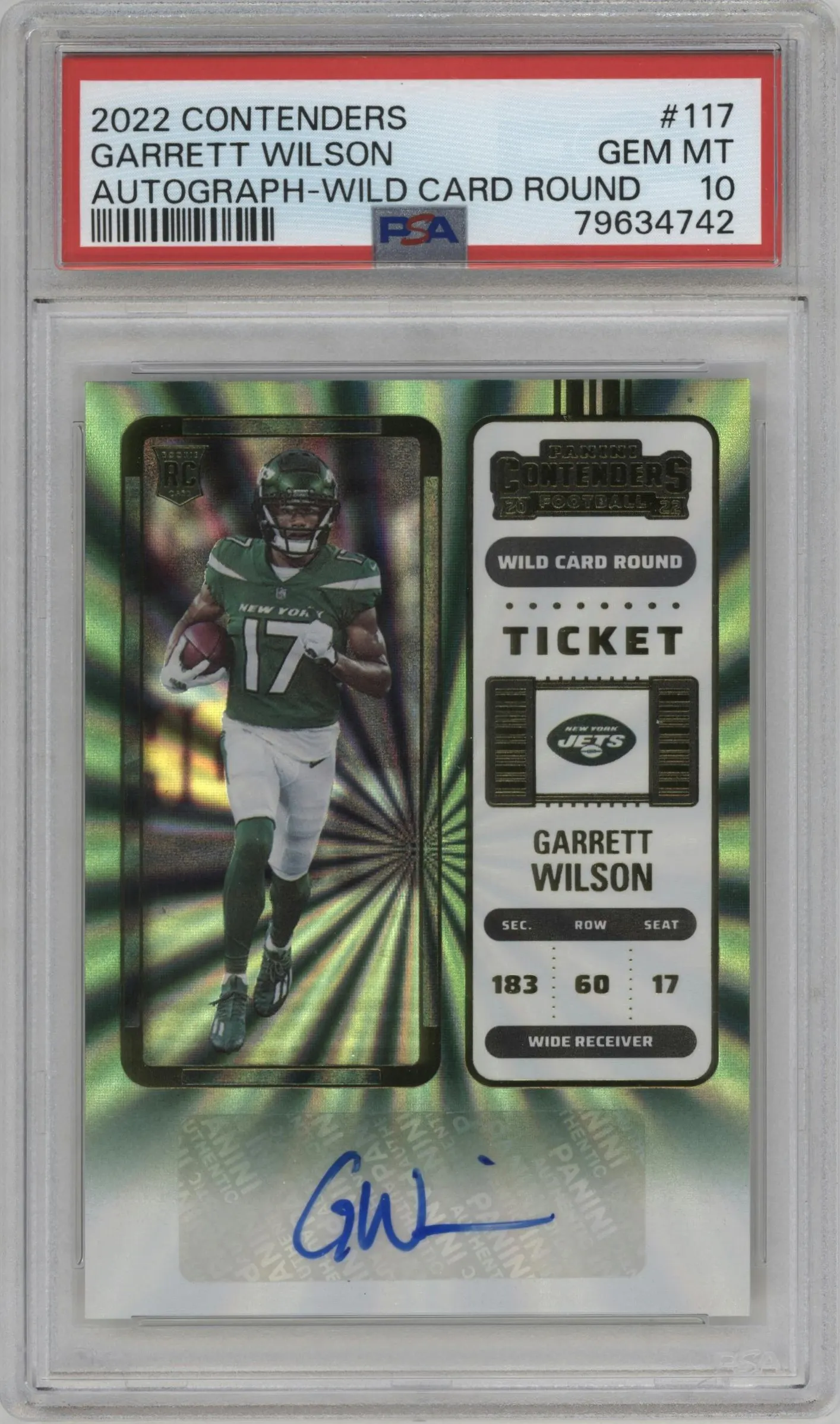 2022 Panini Contenders Rke.Tkt.Auto Garrett Wilson Wild Card Round #117 PSA 10