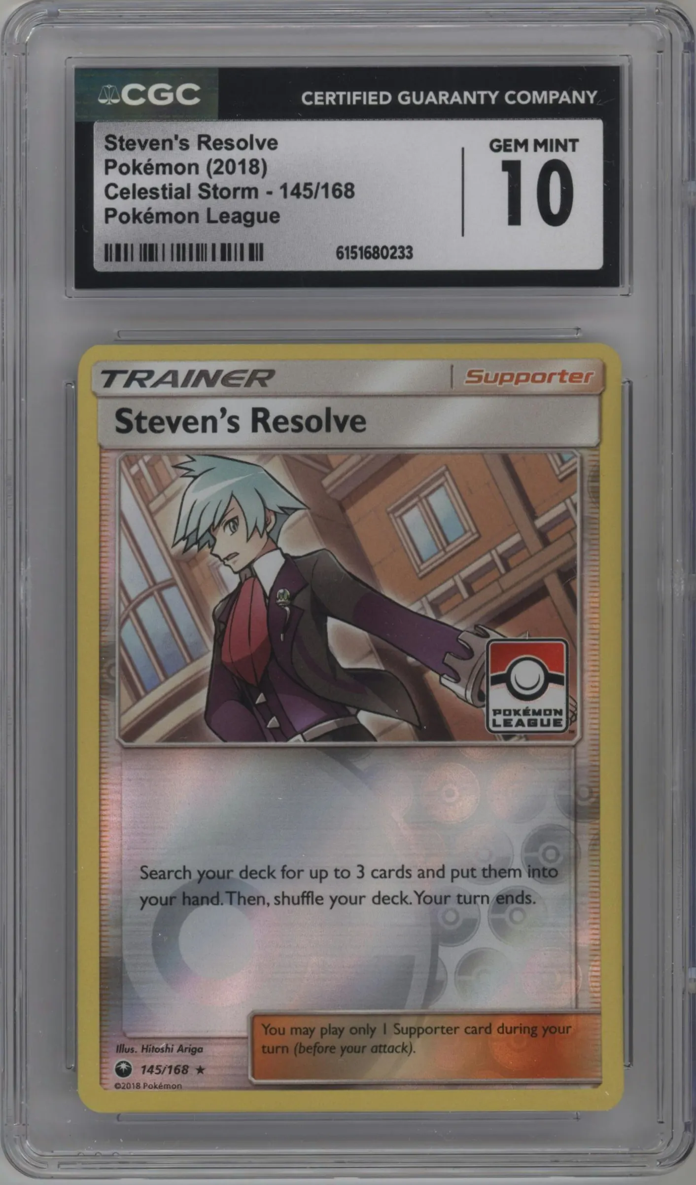 2018 Pokemon S&M Celestial Storm Steven's Resolve Pokemon League #145 CGC 10