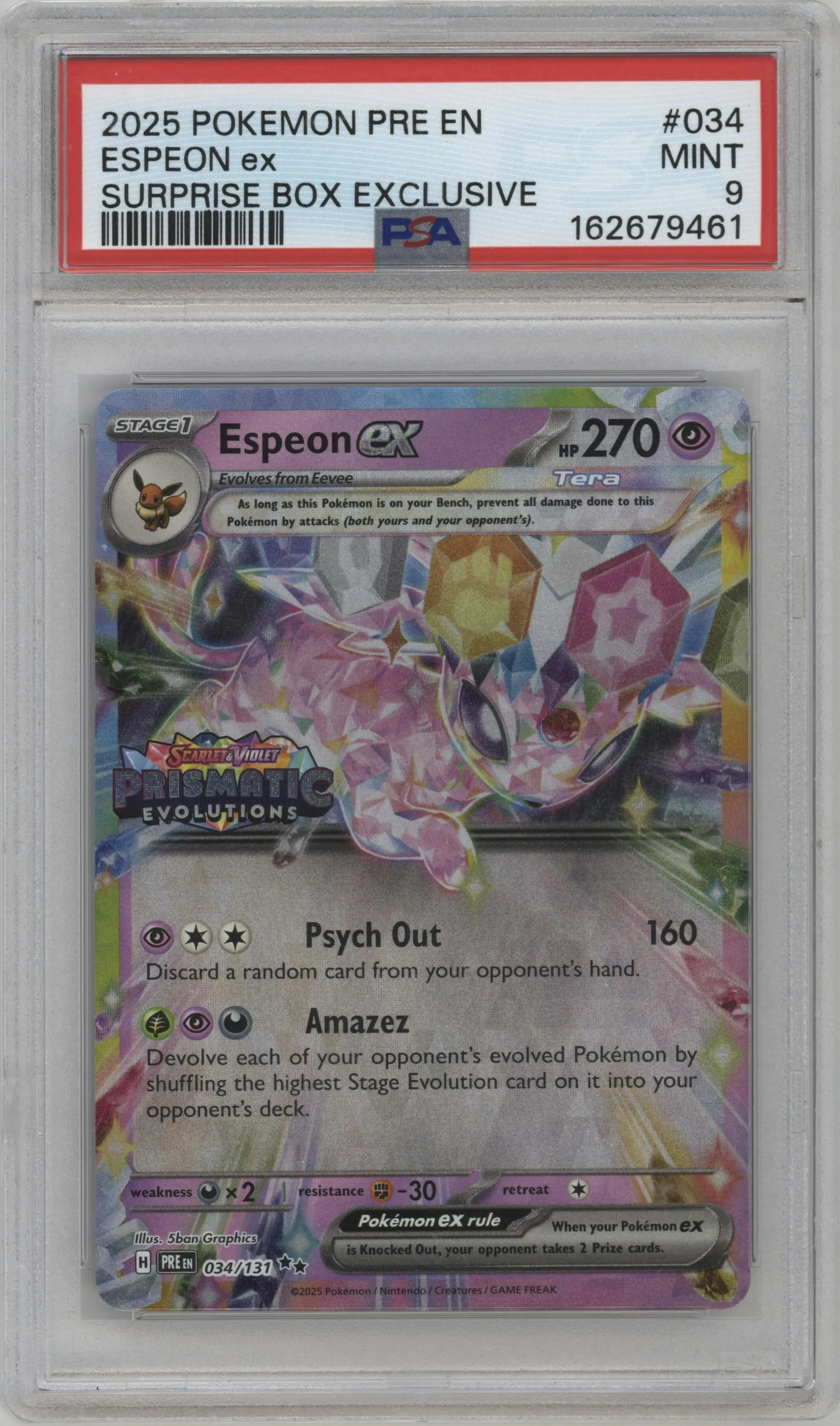 2025 Pokemon SV Prismatic Evolutions Espeon ex Prismatic Evolutions Surprise Box #034 PSA 9