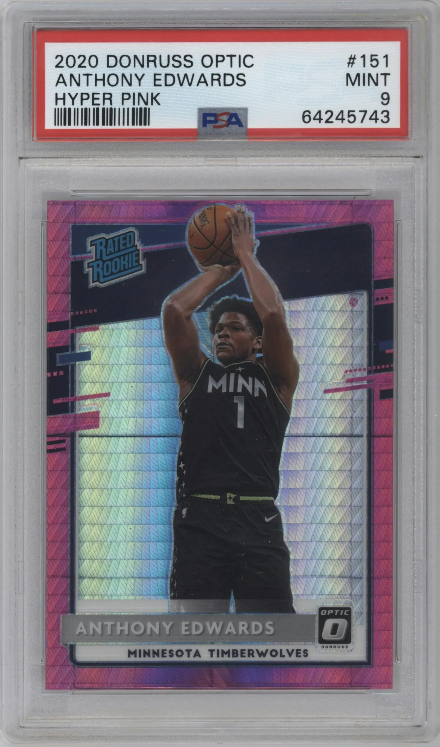 2020 Panini Donruss Optic Rated Rookie Anthony Edwards Hyper Pink #151 PSA 9