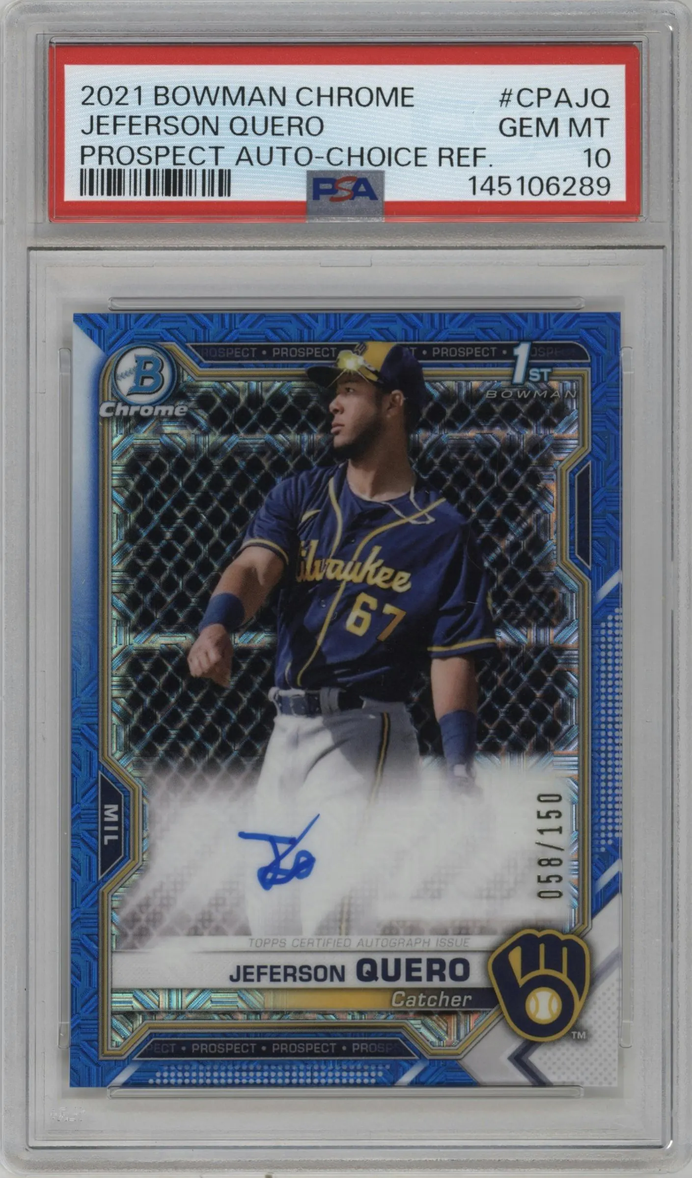 2021 Bowman Chrome Pros.Auto Jeferson Quero HTA Choice Refractor #CPA-JQ PSA 10