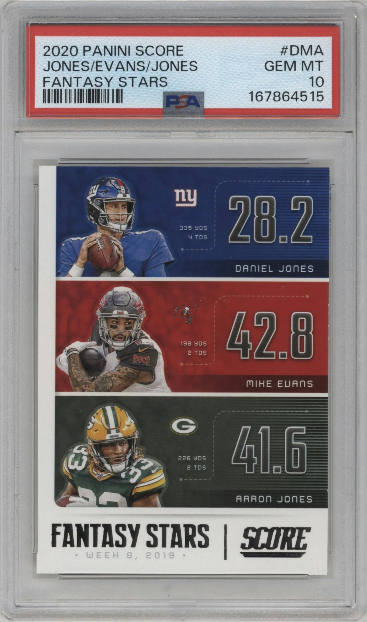 2020 Panini Score Fantasy Stars Daniel Jones/Mike Evans/Aaron Jones #FS-DMA PSA 10